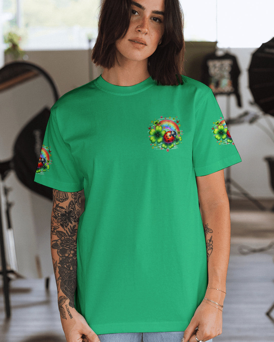 Ladybug In A World Where You Can Be Anything Be Kind T-Shirt Rainbow Clovers Art Tee For Her - Image 2
