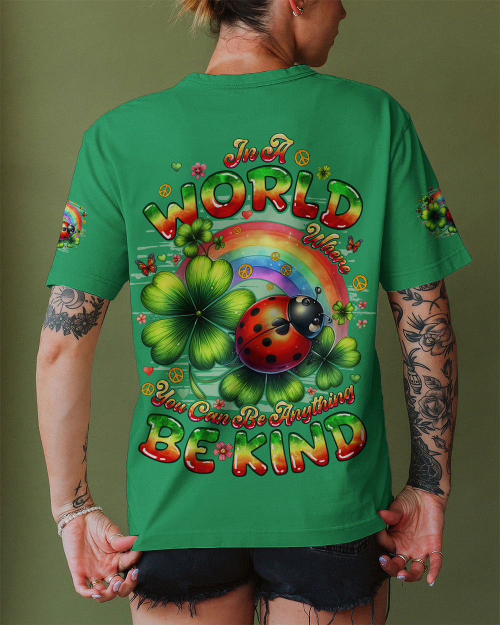 Ladybug In A World Where You Can Be Anything Be Kind V-Neck Shirt Rainbow Clovers Art For Wife - Image 2