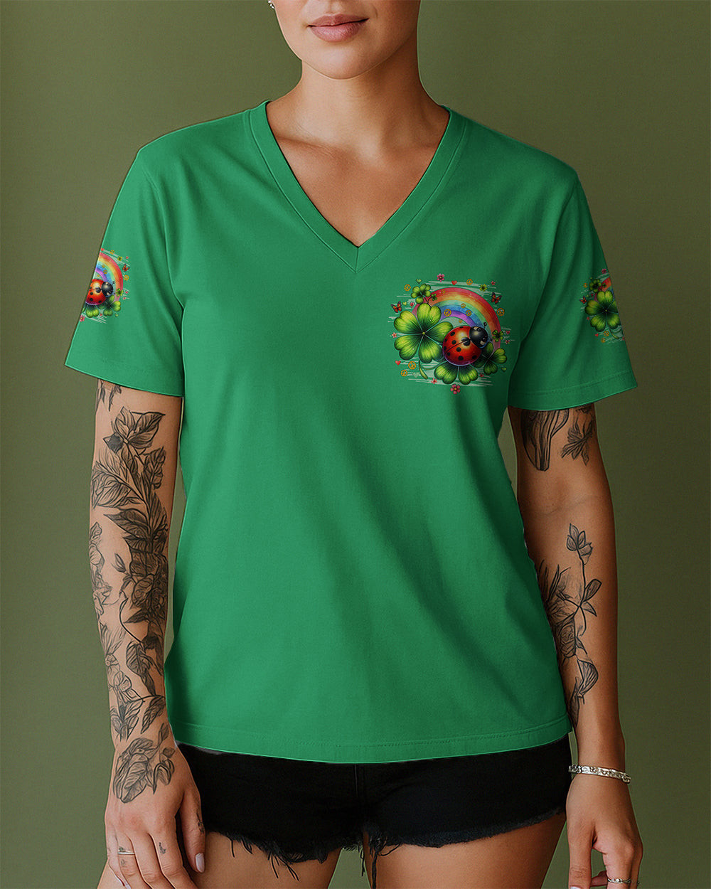 Ladybug In A World Where You Can Be Anything Be Kind V-Neck Shirt Rainbow Clovers Art For Wife