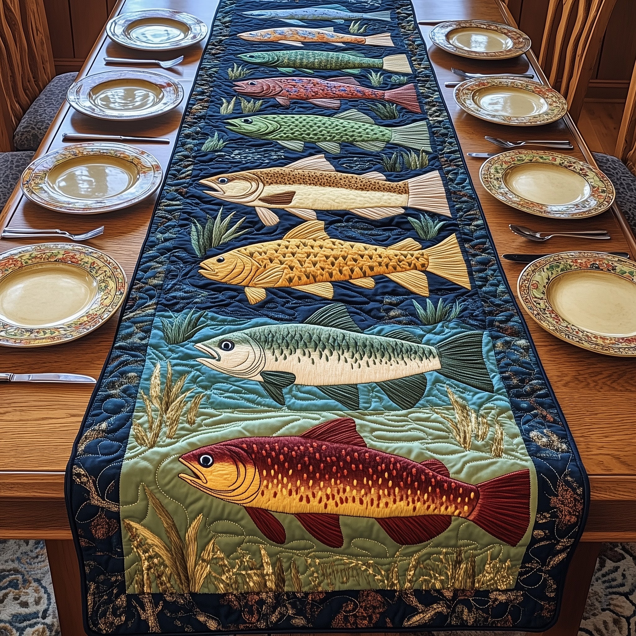 Lakeside Trout Retreat Quilted Table Runner Table Runner For Dining Table Best Fishing Gifts For Dad
