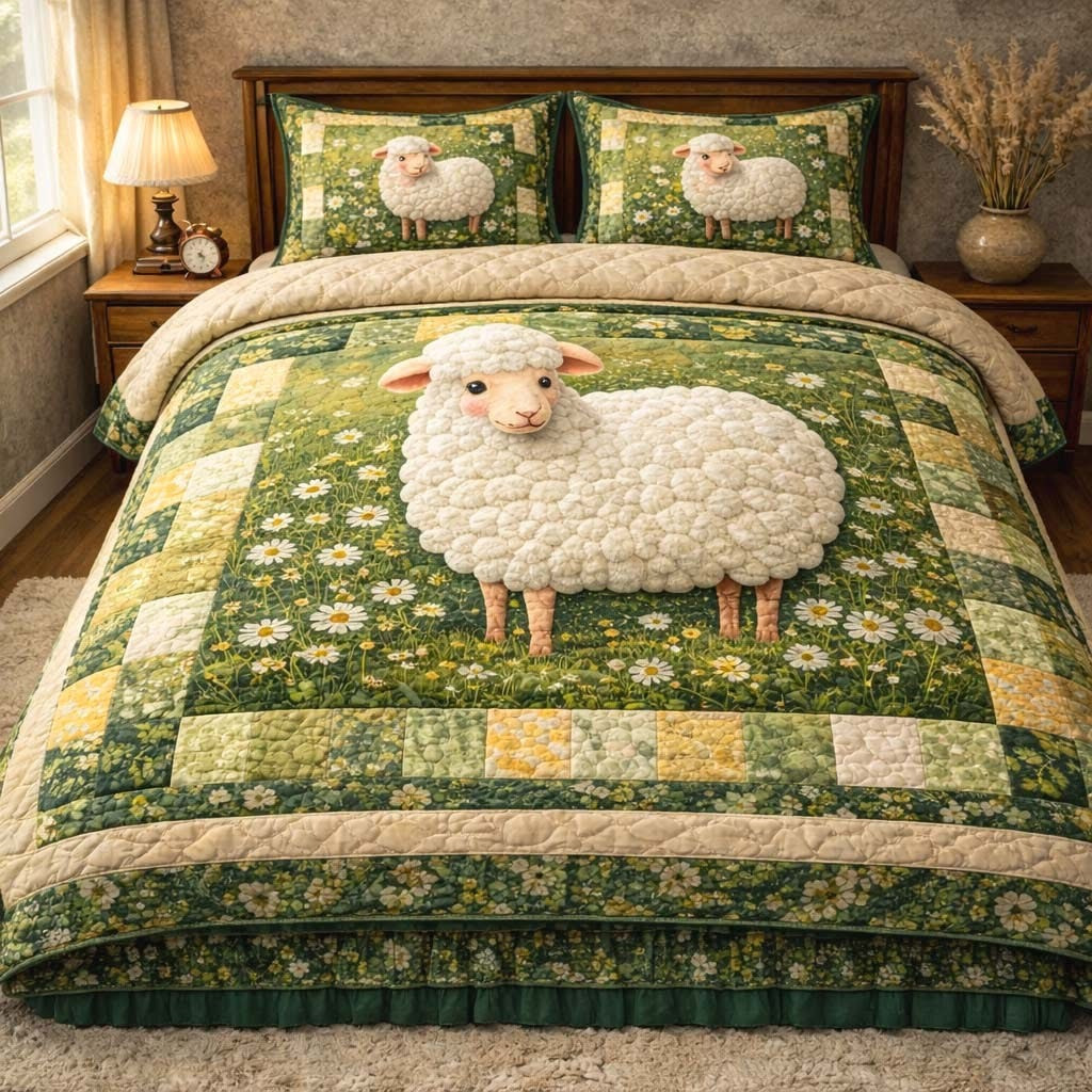 Lamb Daisy Dream Quilted Bedding Set Floral Duvet Cover Set Gifts For Lamb Lovers