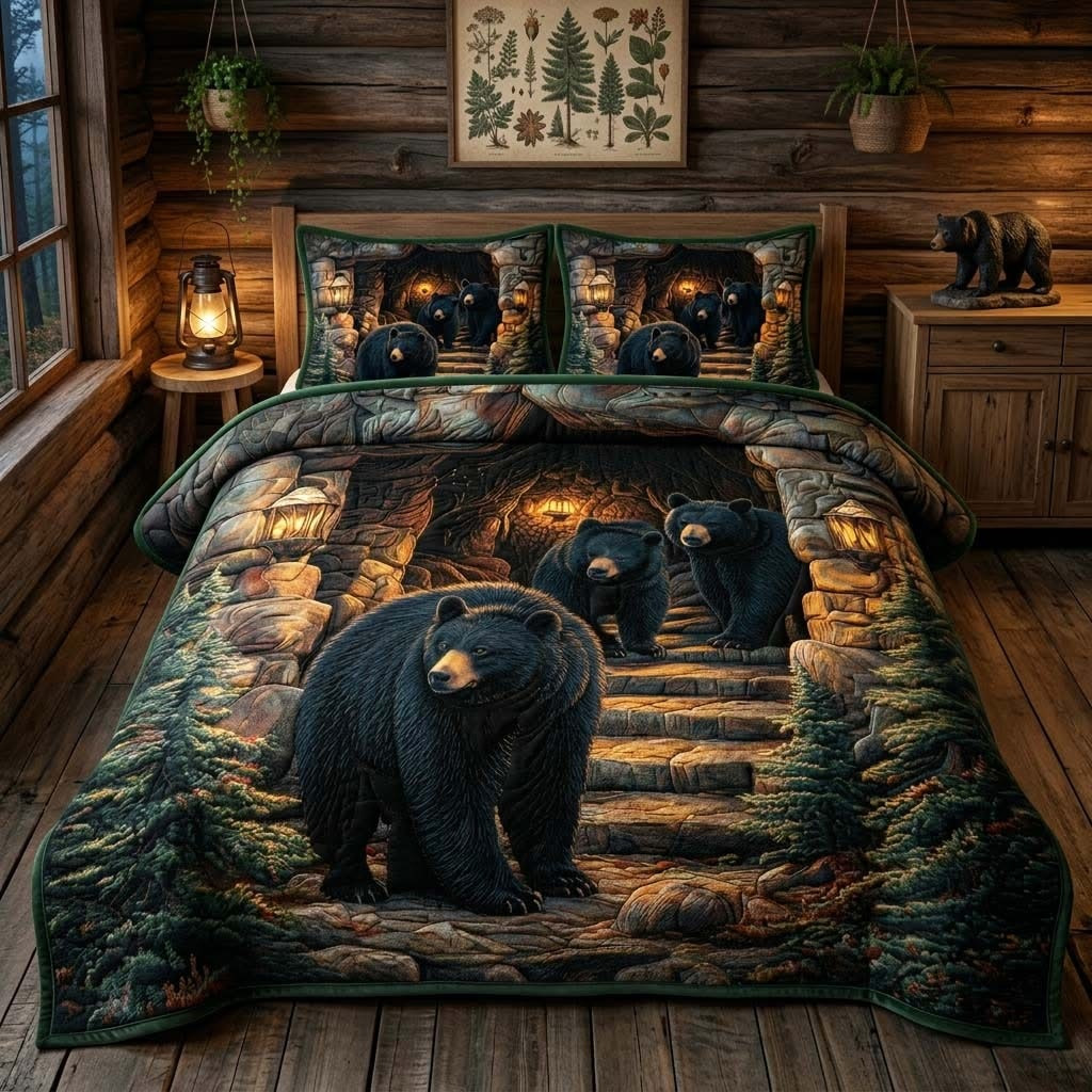 Lantern Bear Quilted Bedding Set Night Forest Comforter Gift For Campers