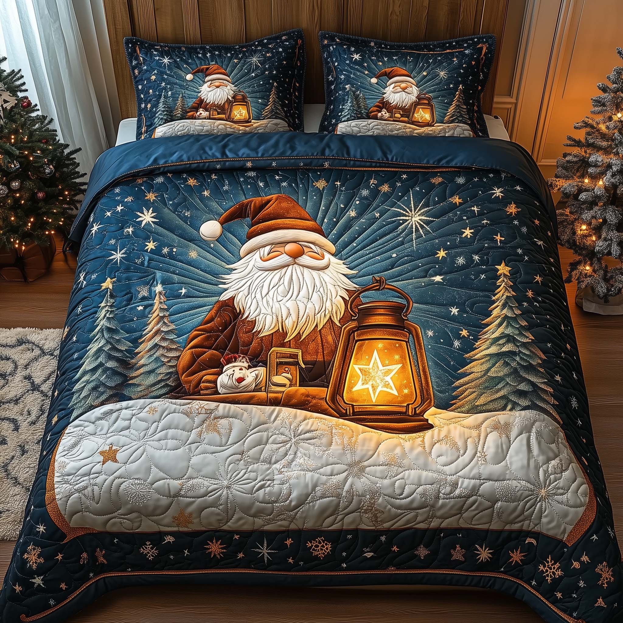 Lantern Santa Quilted Bedding Set Christmas Room Ideas Gnome Xmas Gift