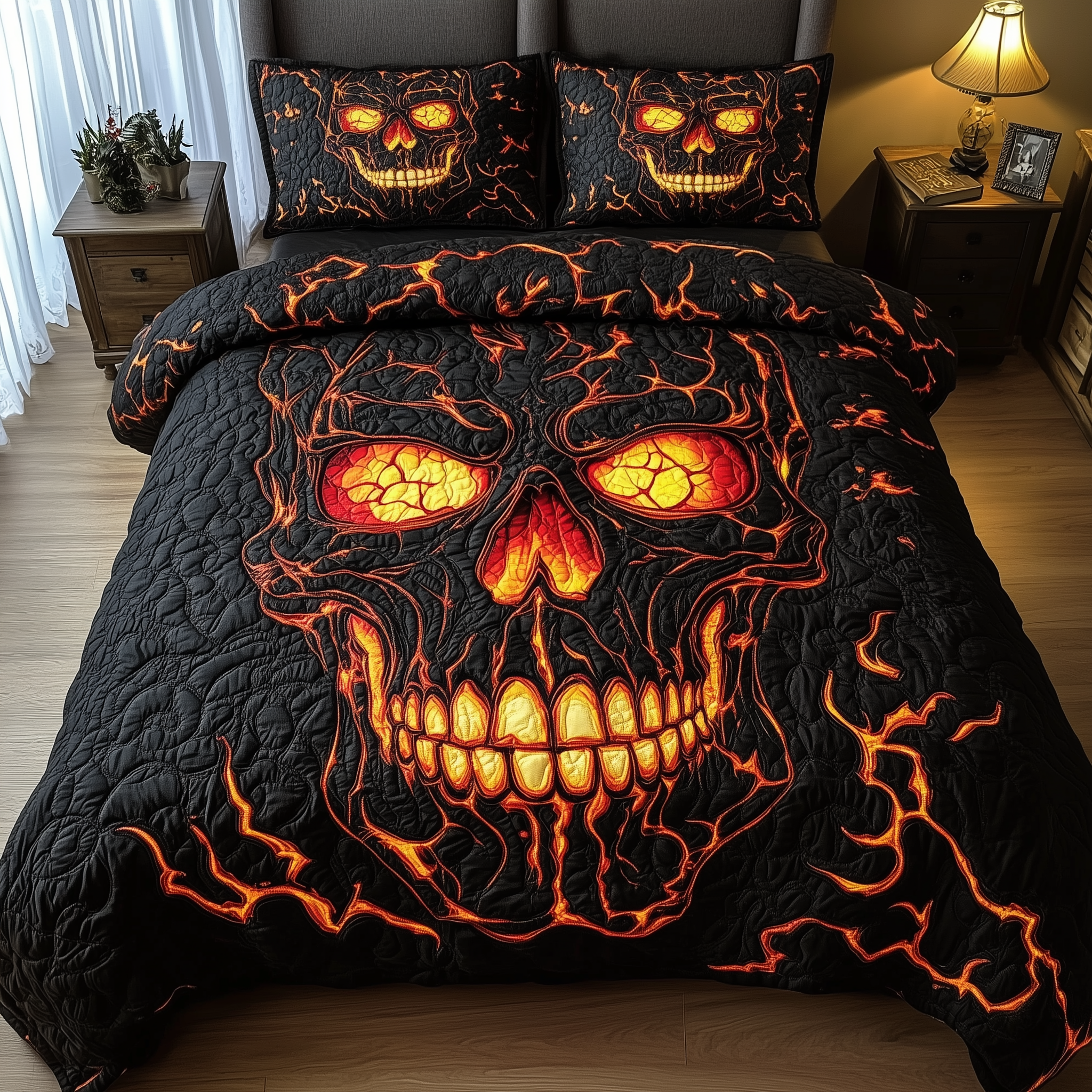 Lava Crack Skull Quilted Bedding Set Best Queen Sheets Skull Gifts For Dad