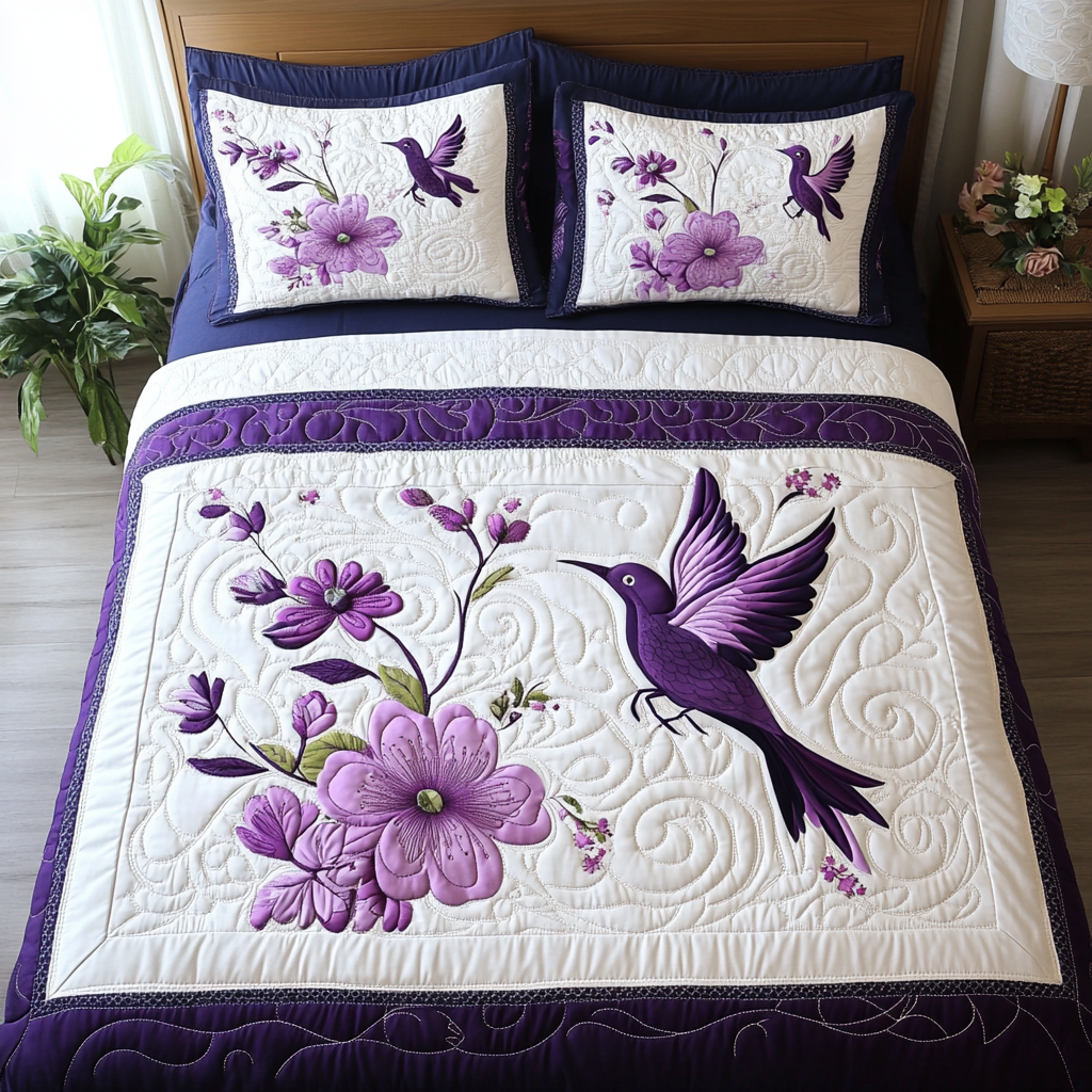 Lavender and Beaks Quilted Bedding Set Cute Bedsheets Hummingbird Feeder Gift