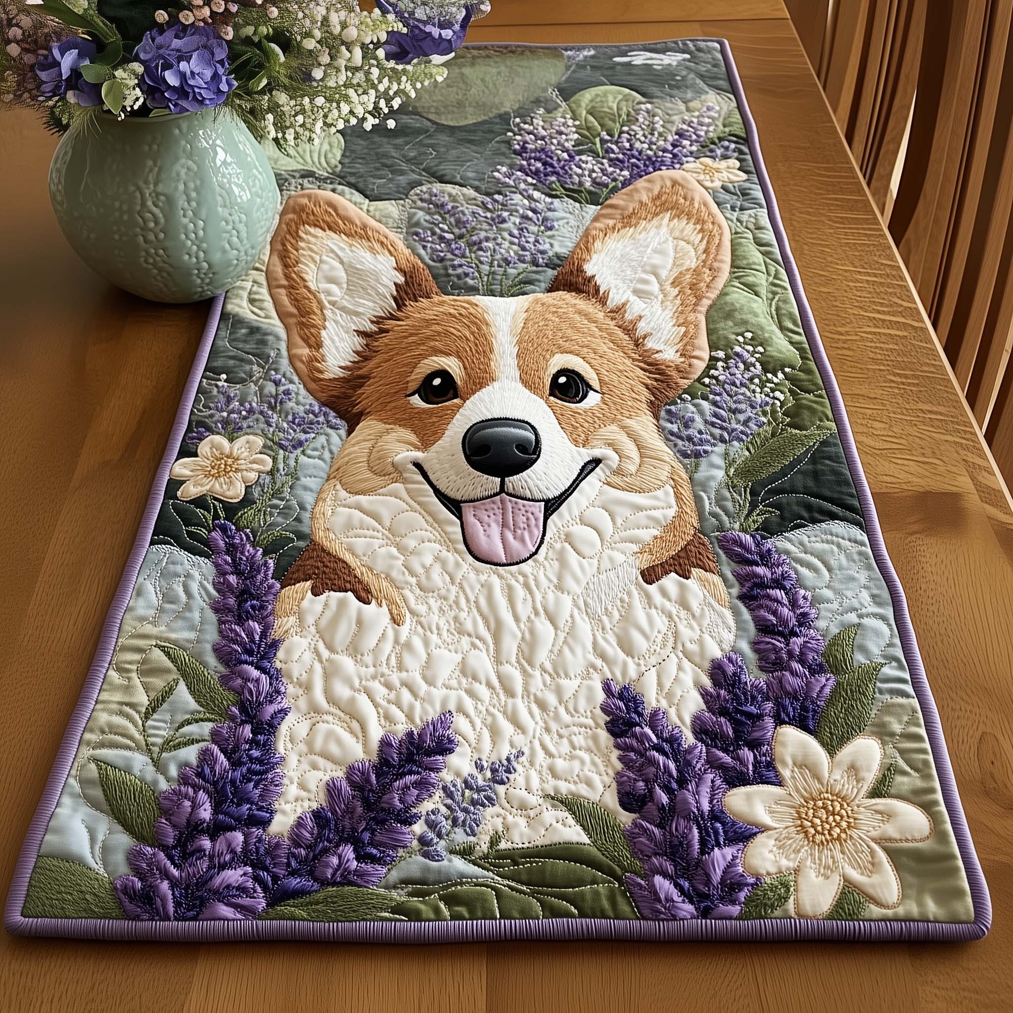 Lavender Corgi Quilted Table Runner Kitchen Table Decor Best Gifts For Corgi Lovers