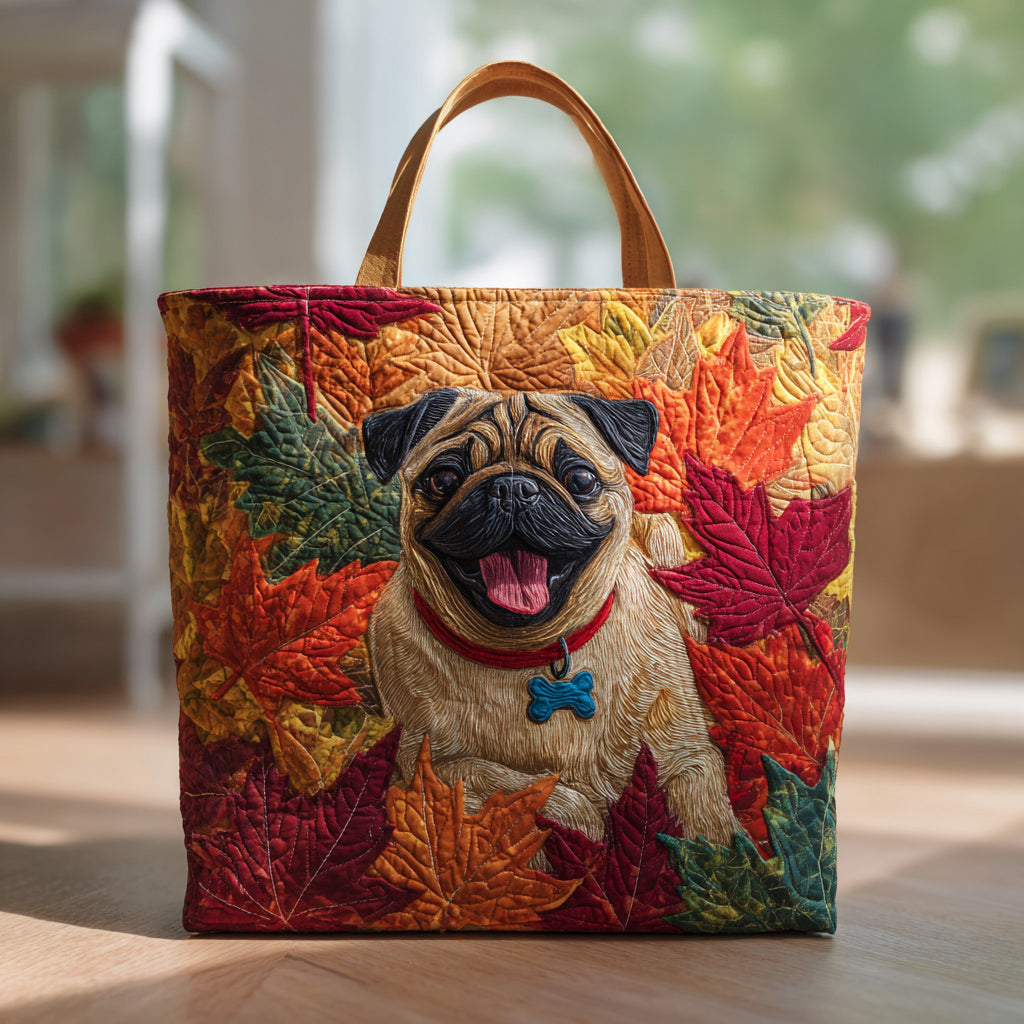 Leaf Pile Pug Quilted Tote Bag Best Handbag For Everyday Use Gift For Daughter In Law On Mother'S Day