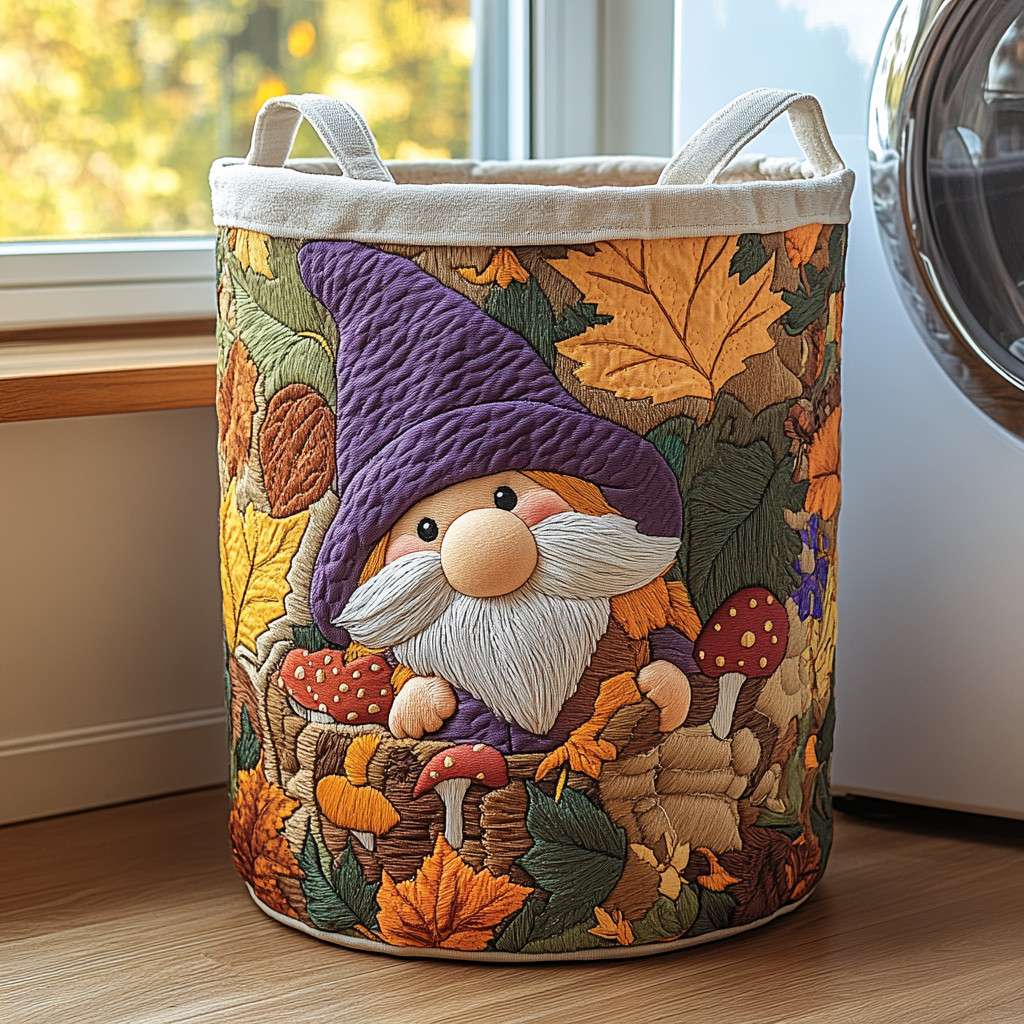 Leafy Gnome Quilted Laundry Basket Unique Clothes Hamper Cute Fall Gift Ideas