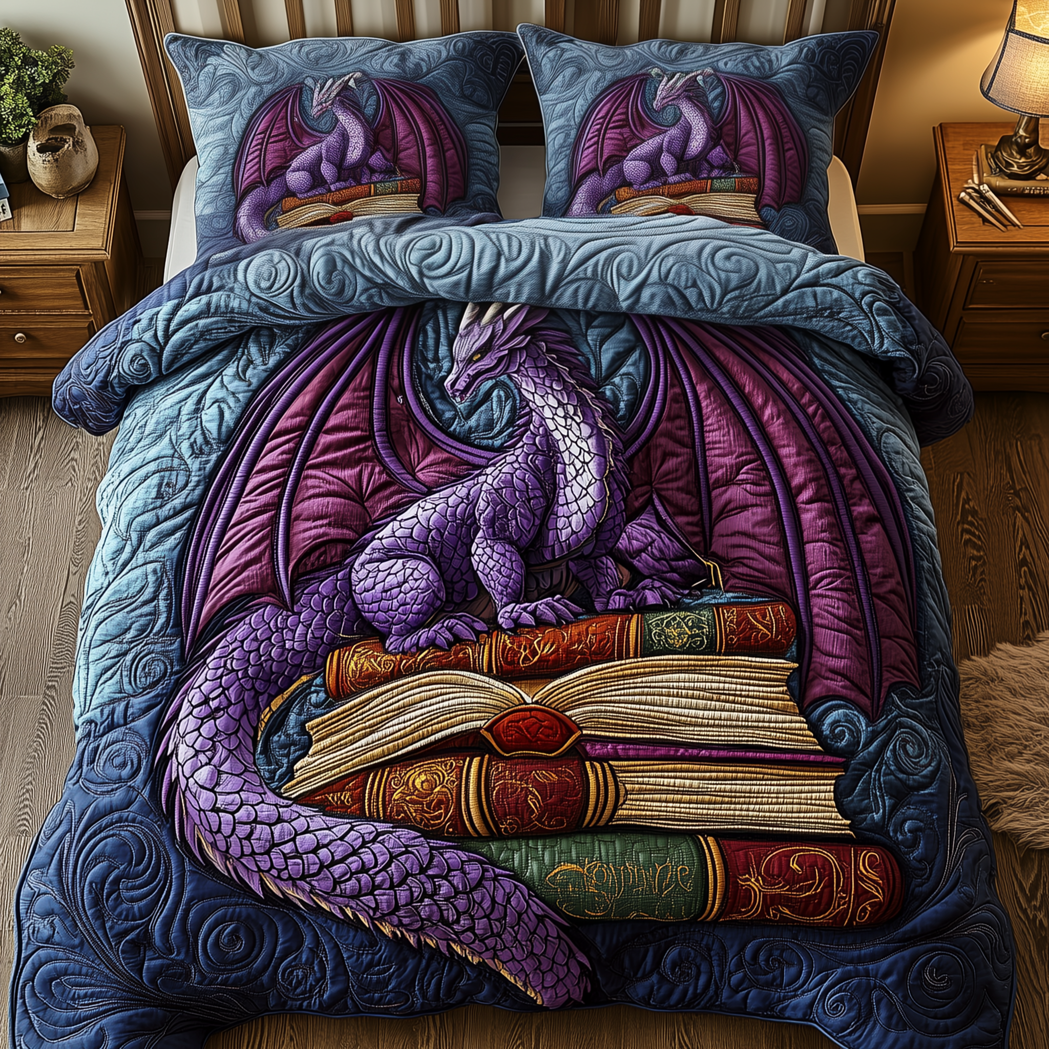Library Dragon Quilted Bedding Set Best Fitted Sheets Dragon Father's Day Presents