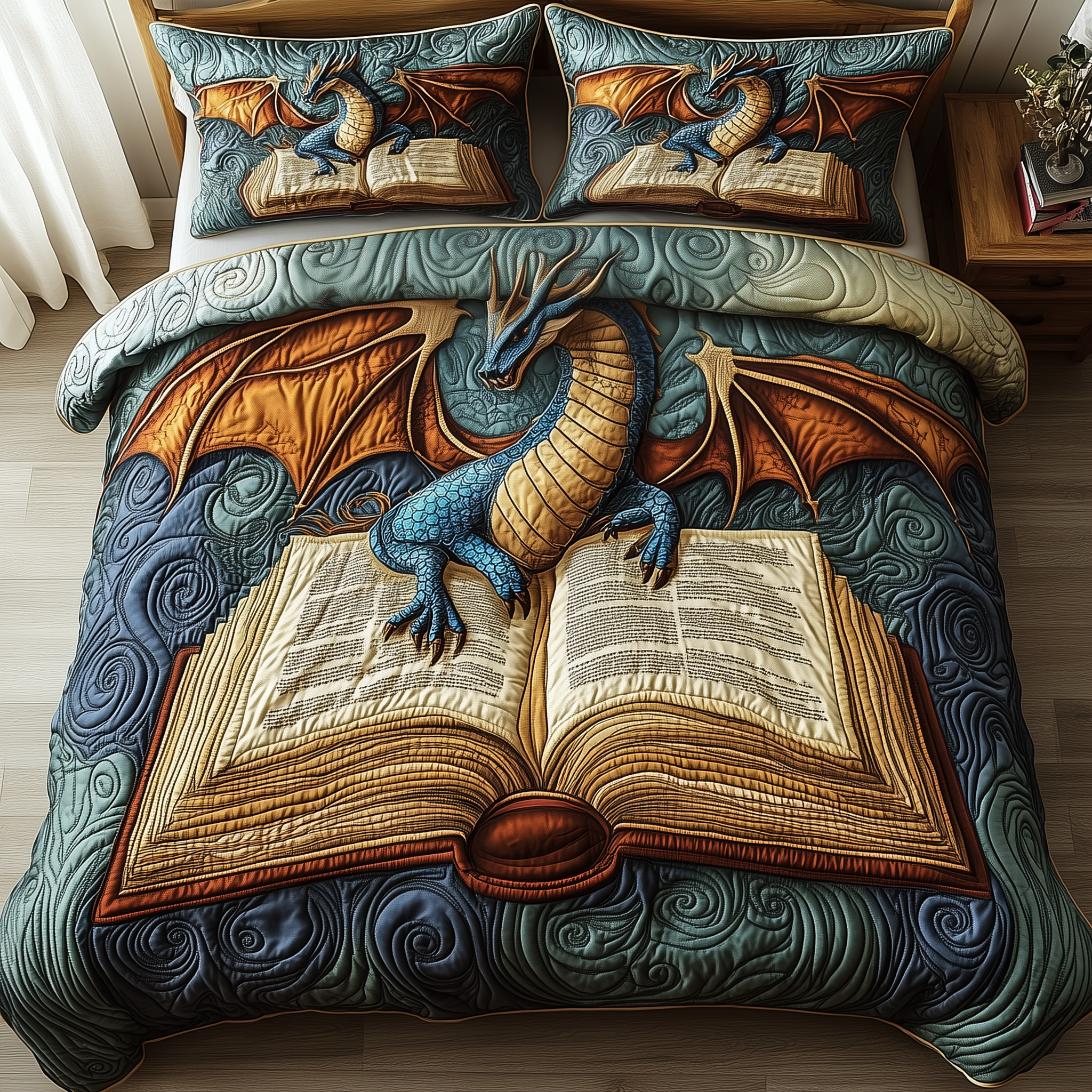 Library Dragon Quilted Bedding Set Boho Bedroom Furniture Dragon Presents For Men