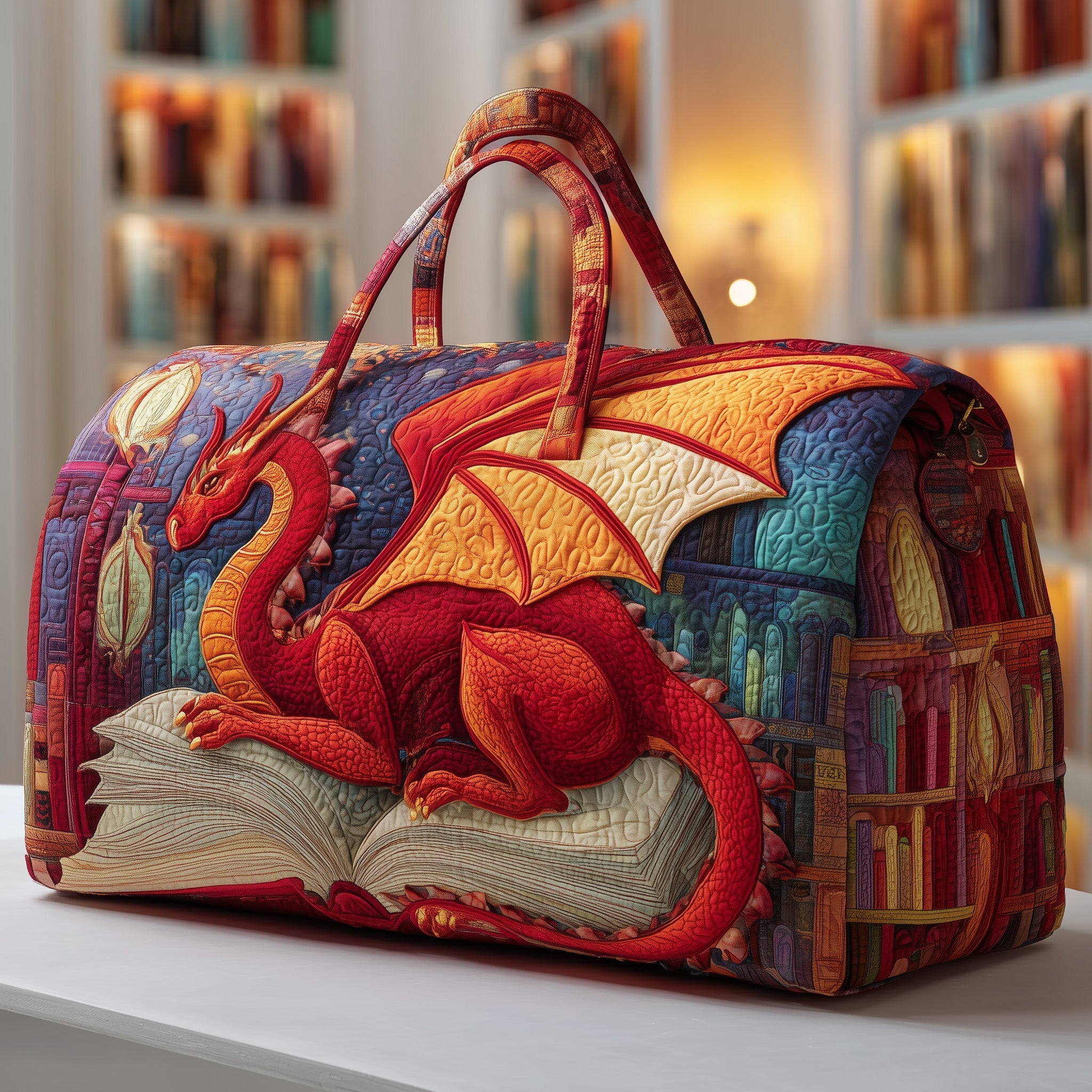 Library Dragon Quilted Duffle Bag Cute Duffel Bags For Women Mothers Day Gift For Sister