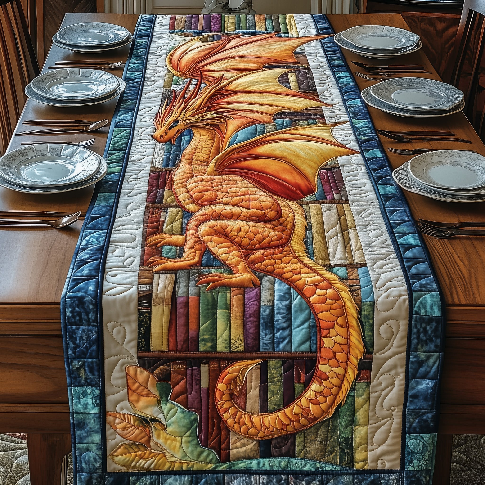 Library Dragon Quilted Table Runner Dining Table Decor Gift For Dragon Lover