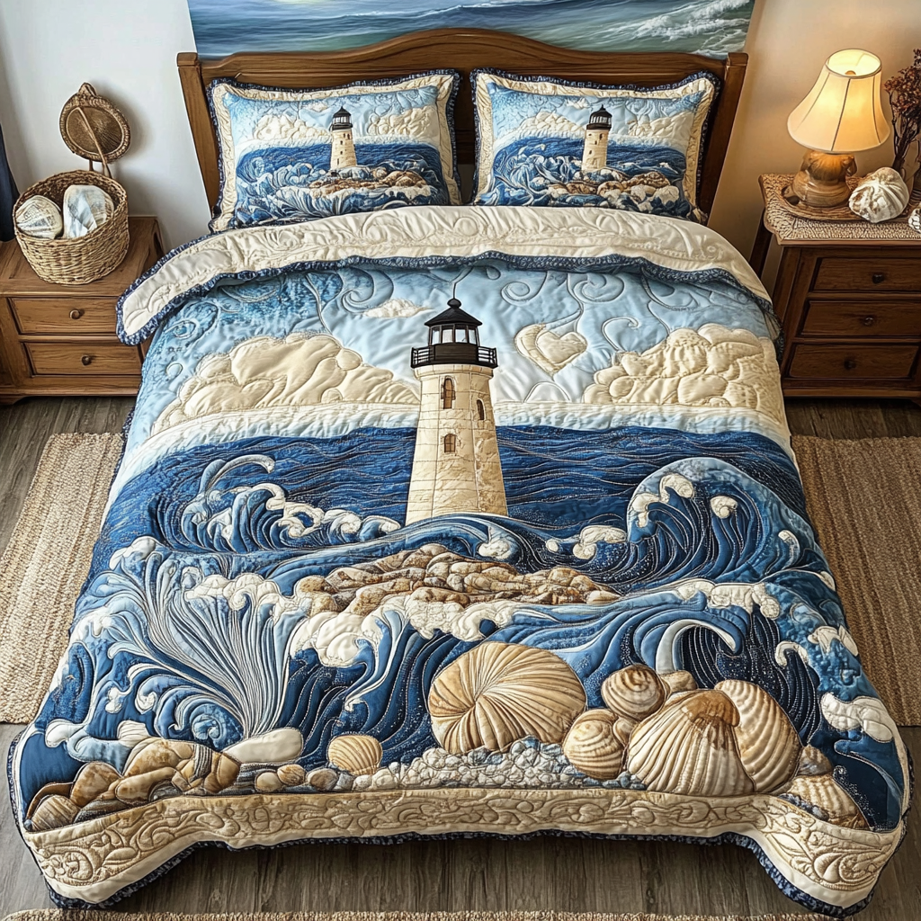 Lighthouse Dreams Quilted Bedding Set Cute Bed Sheets Gift For Beach Lover