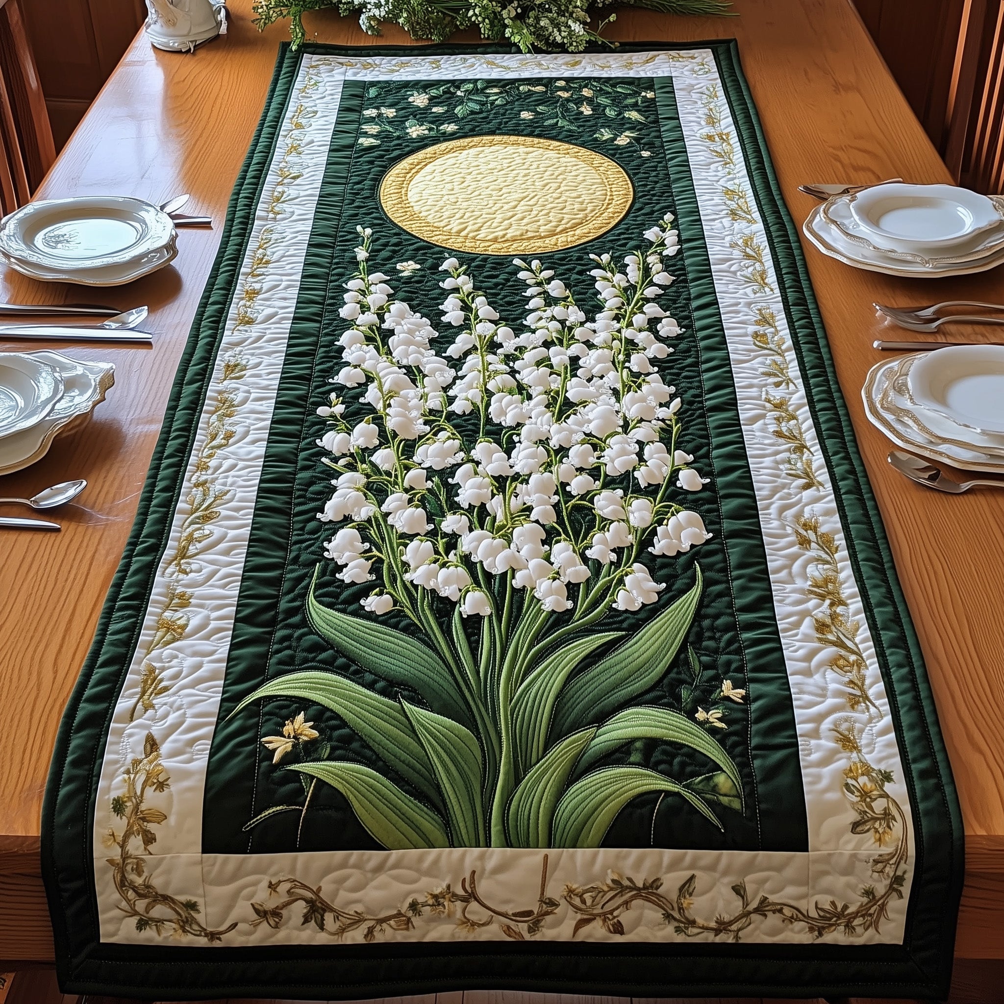 Lily of The Valley Quilted Table Runner Dining Decor Mummy Presents From Daughter