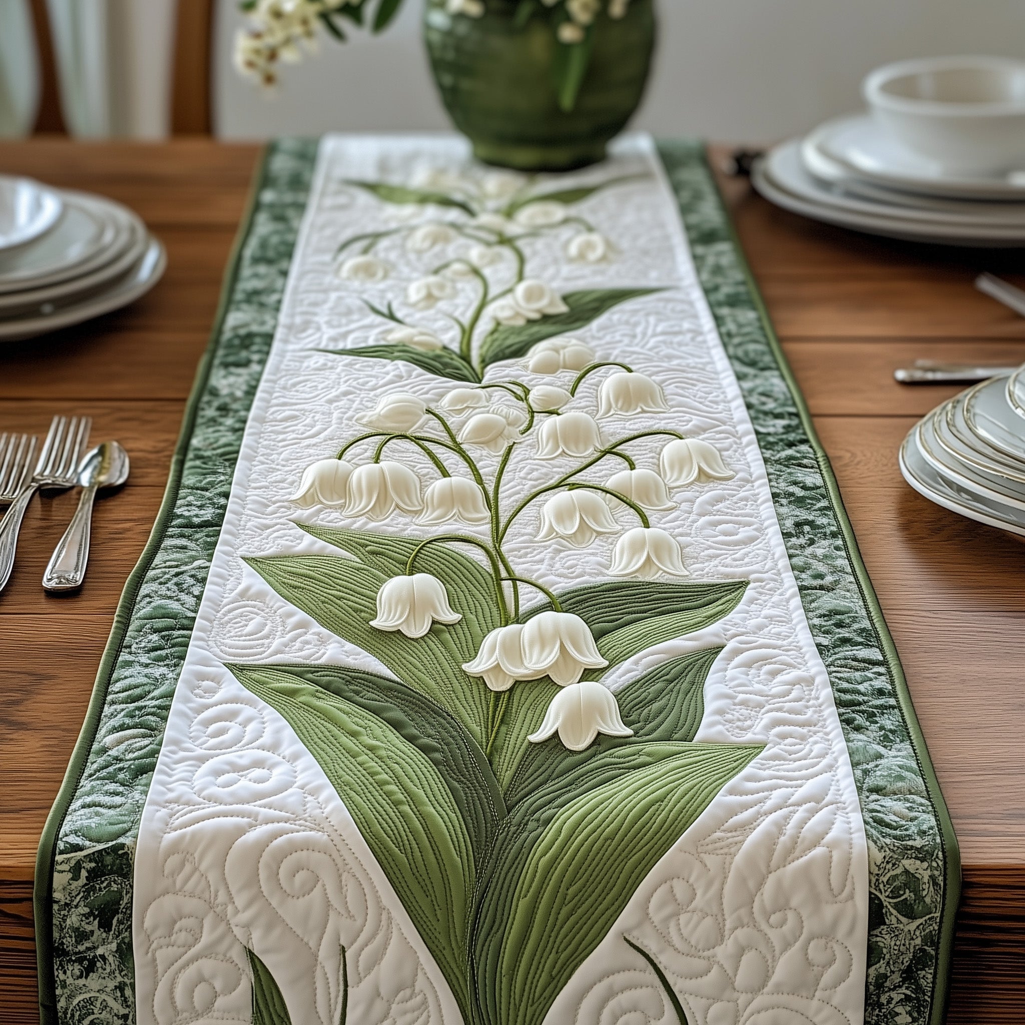 Lily of The Valley Quilted Table Runner Kitchen Table Decor Ideas Mothers Birthday Gifts
