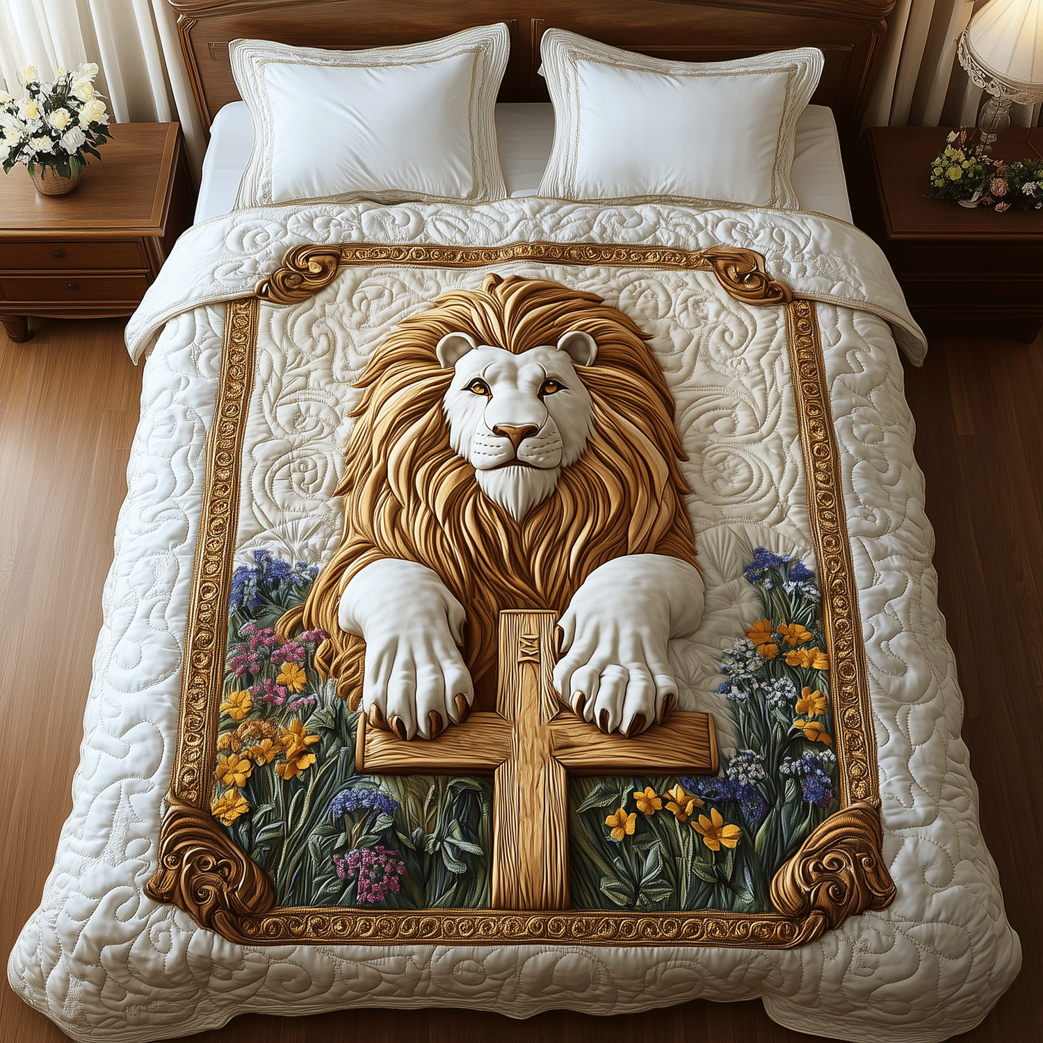 Lion Blessing Quilted Bedding Set Best Bedspread Set Gifts For Lion Lovers