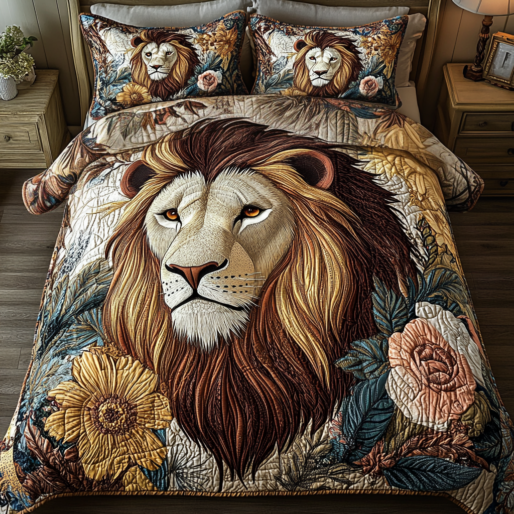Lion Emblem Quilted Bedding Set Cute Bedsheets Lion Related Gifts