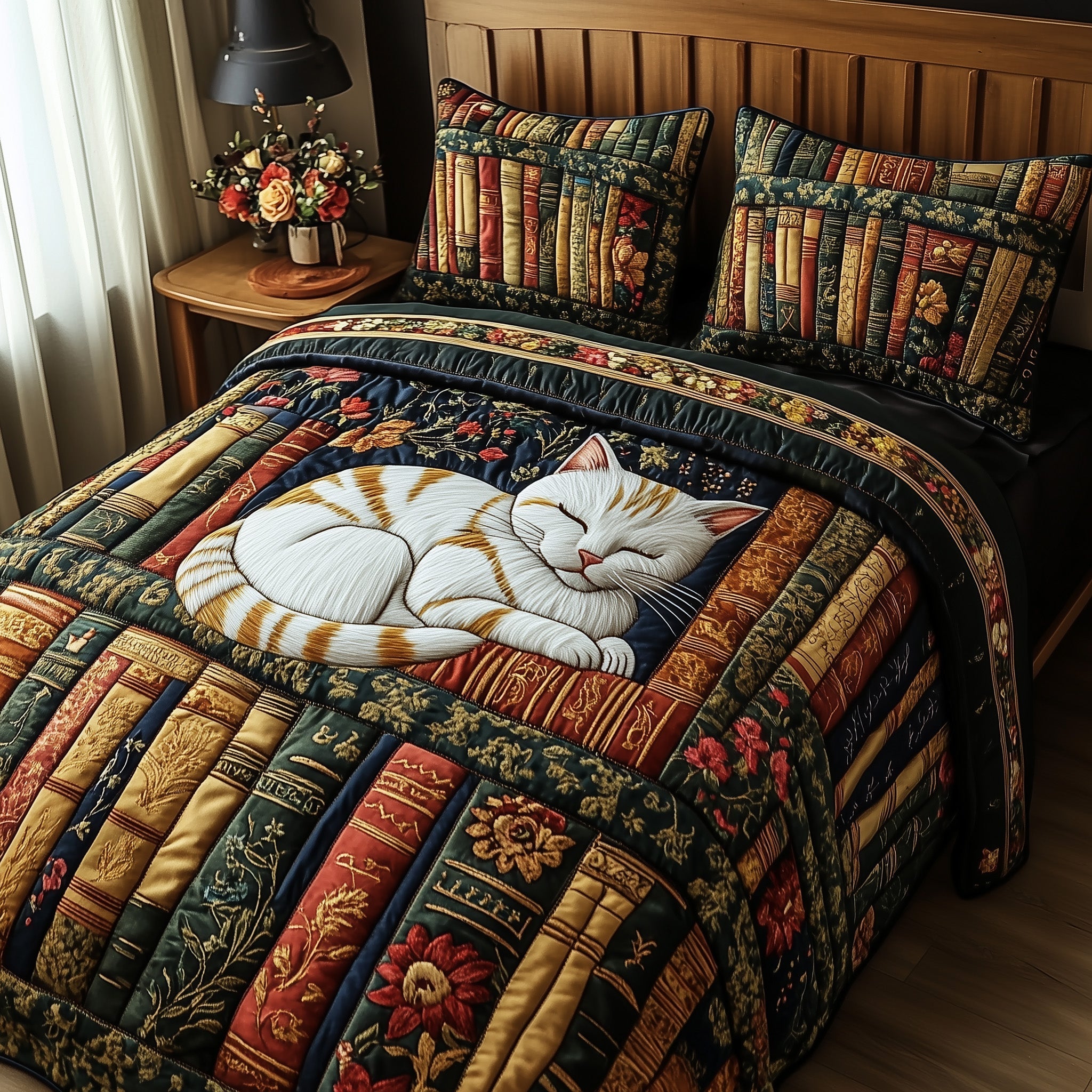 Literary Cat Haven Quilted Bedding Set Boho Bedroom Decor Awesome Gifts For Book Lovers