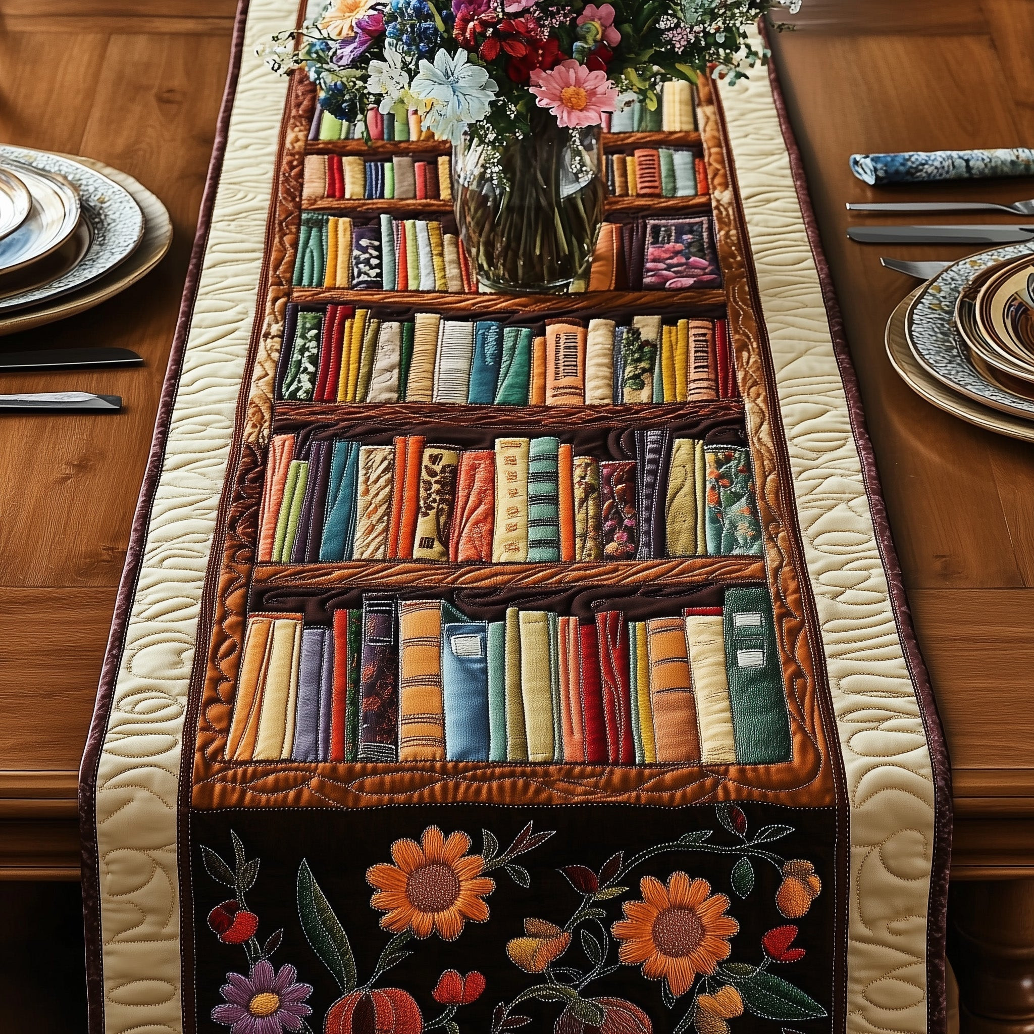 Literary Haven Quilted Table Runner Dining Table Table Runner Book Gifts For Father's Day