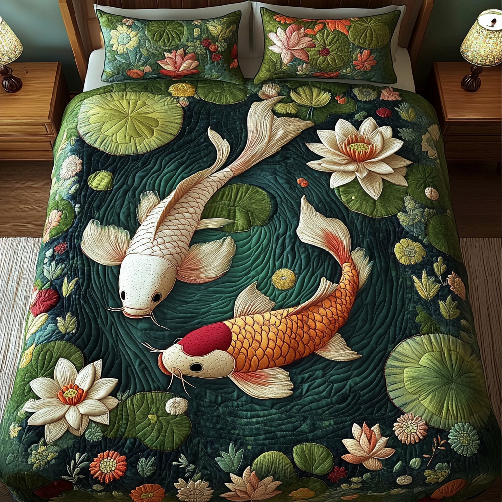 Lotus and Koi Quilted Bedding Set Unique Bed Sheet Set Father Daughter Gifts