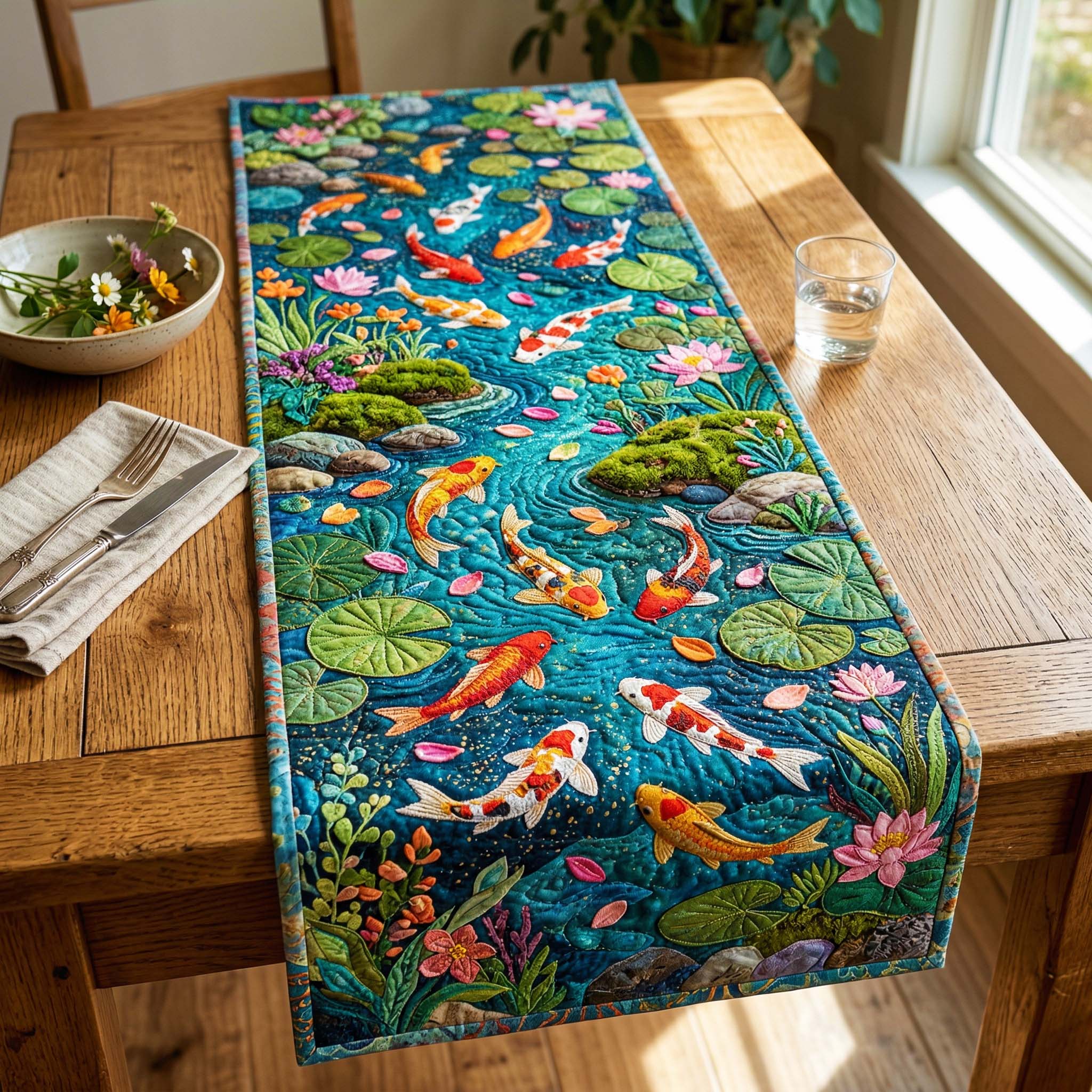Lotus Koi Quilted Table Runner Dining Table Decor Gift For Koi Fish Lovers