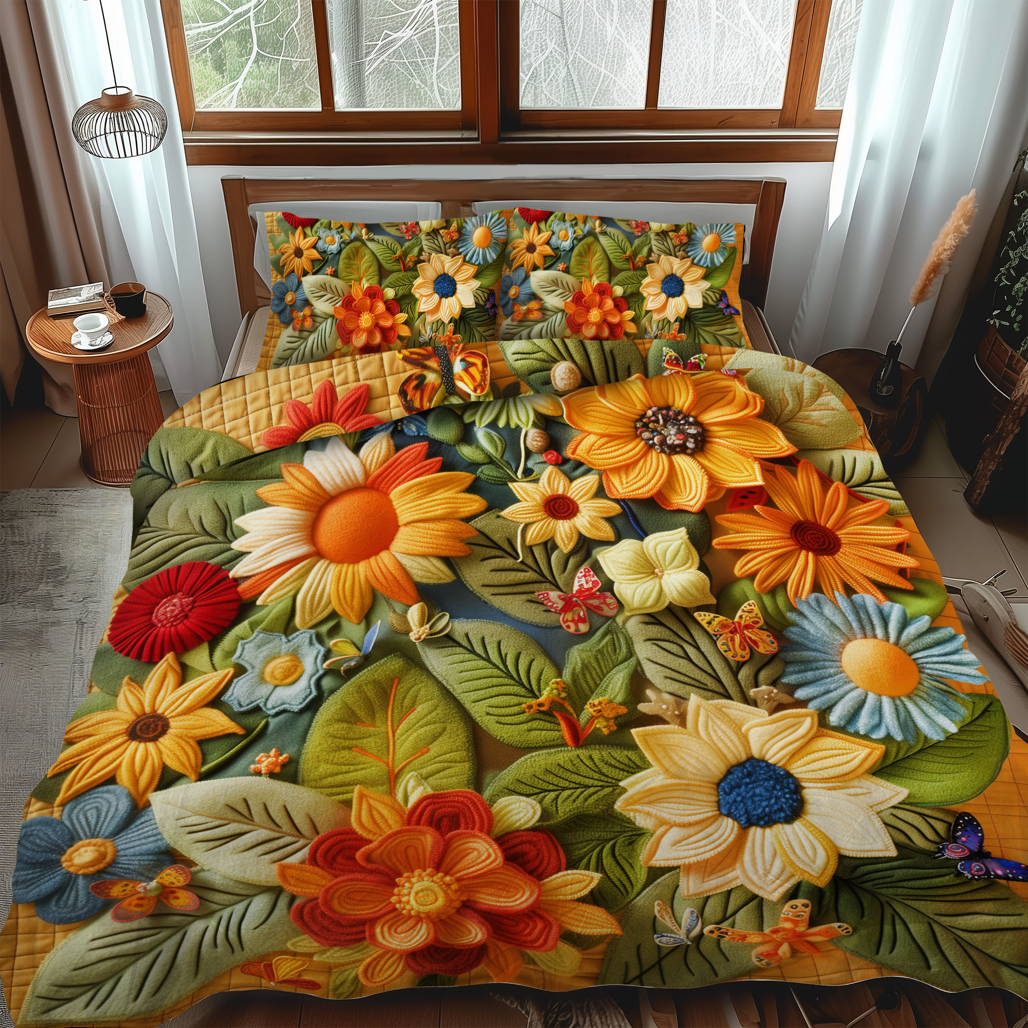 Lovable Sunflowers Quilted Bedding Set Cute Bedroom Decor Gifts For Sunflower Lovers