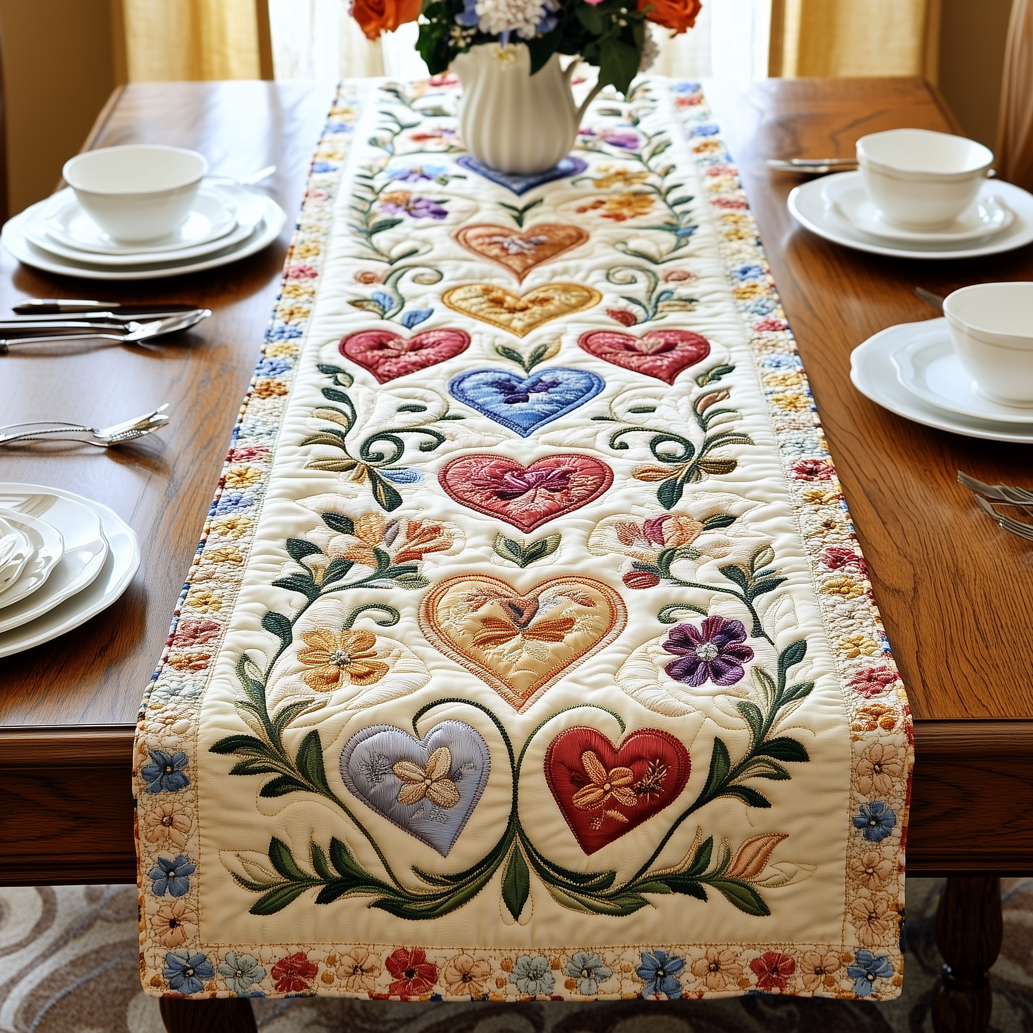 Love Among the Flowers Quilted Table Runner Simple Valentine Table Decor Unique Valentine Day Gifts