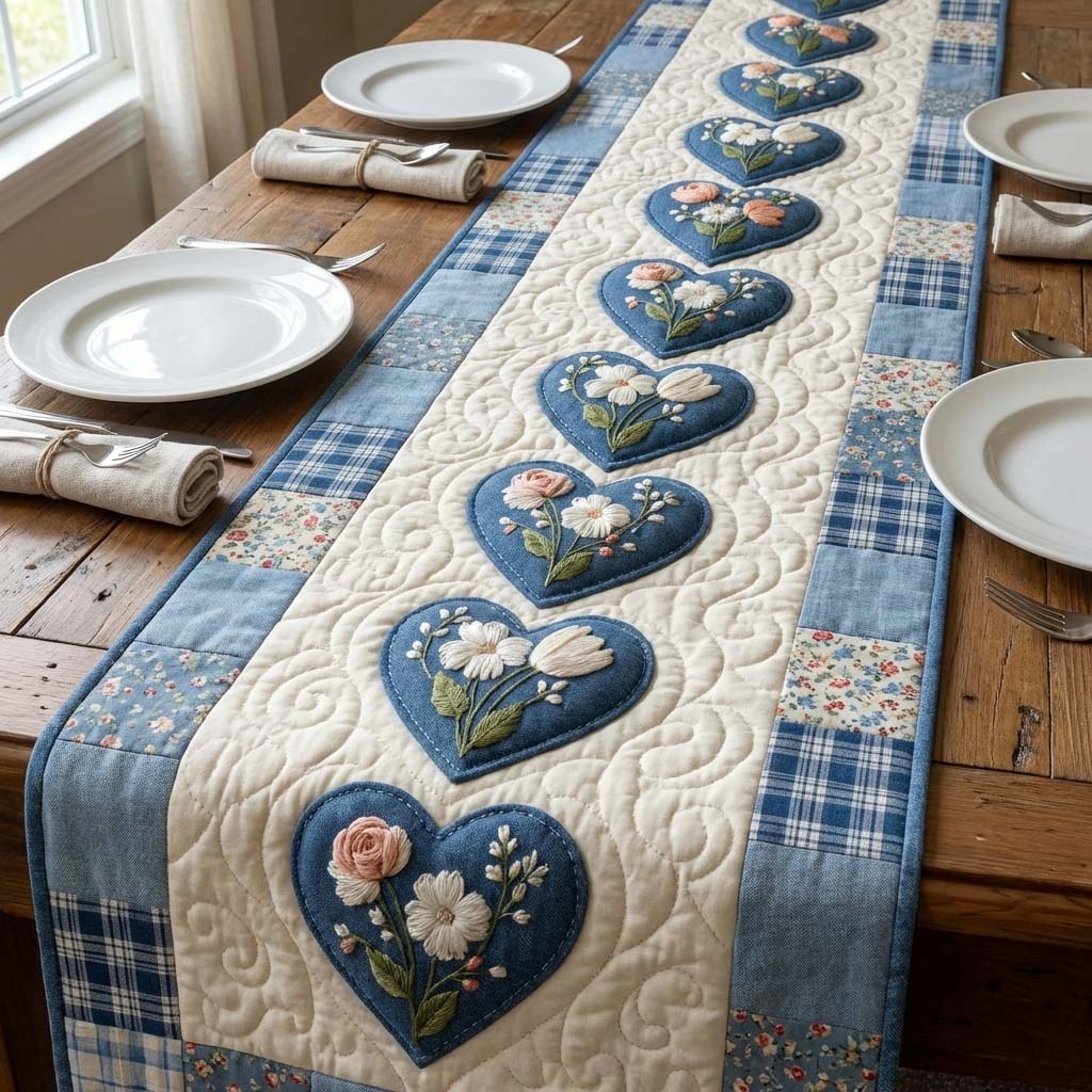Love Bloom Quilted Table Runner Heart Table Decor Valentine Day Gift Ideas For Coworkers
