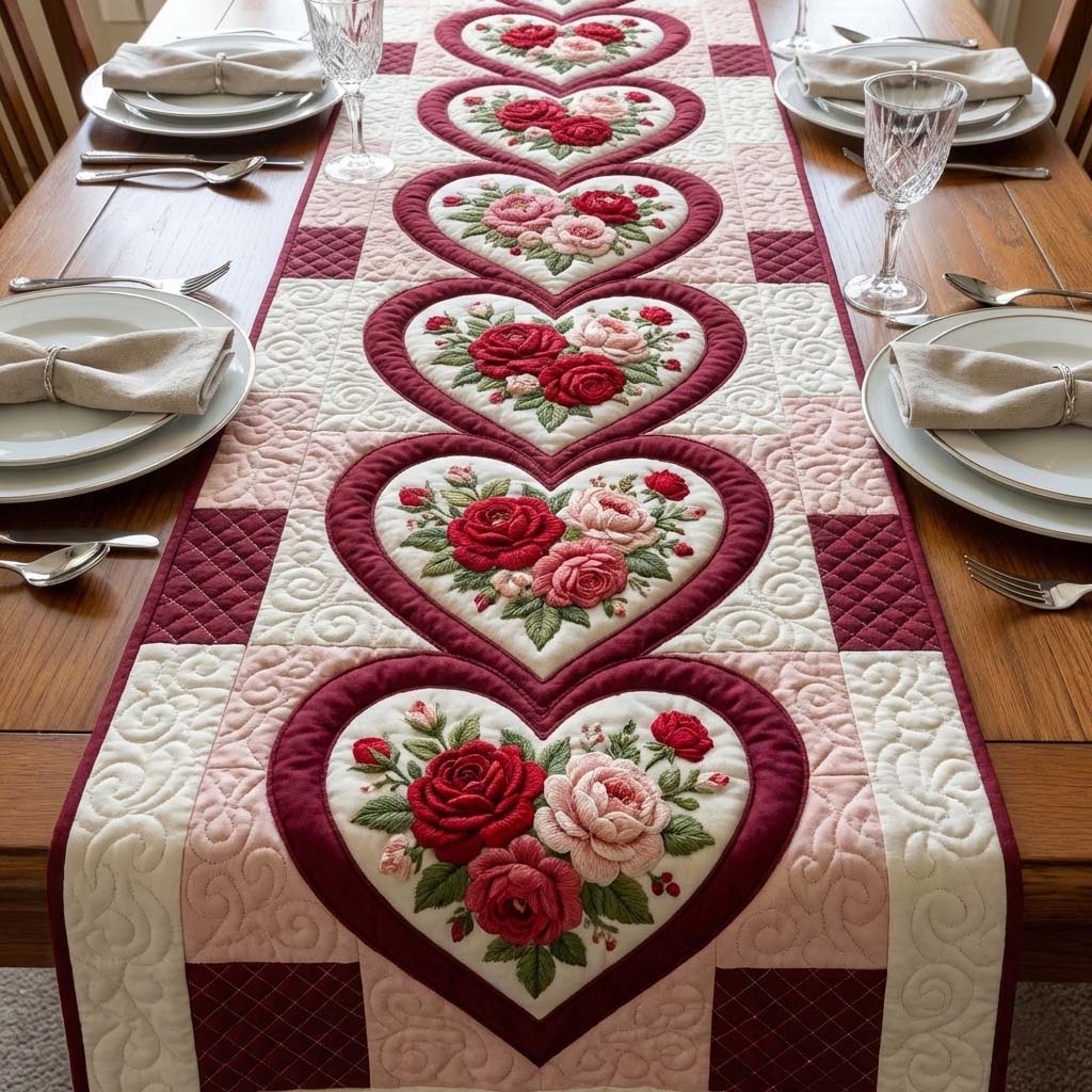 Love Bloom Quilted Table Runner Romantic Table Decor Valentine Day Gift Ideas For Dad