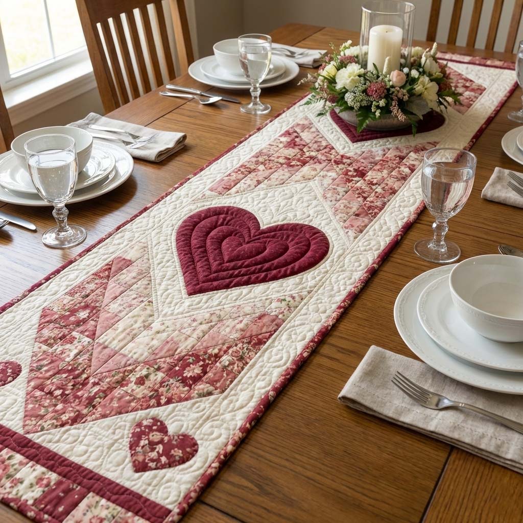 Love Bloom Quilted Table Runner Valentine Dining Table Decor Mother In Law Valentine Day Gift