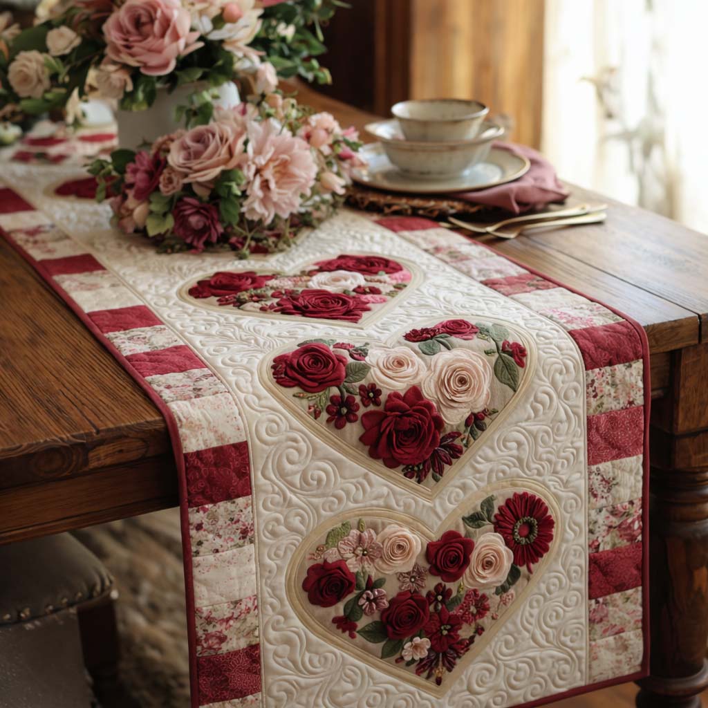 Love Bloom Quilted Table Runner Valentine Table Runner Valentine Day Gifts For Her