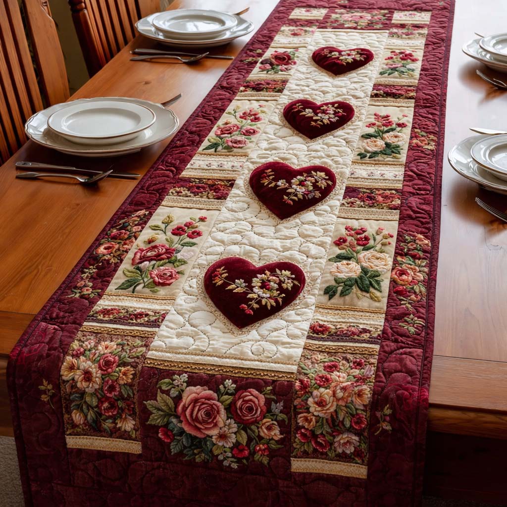 Love Bloom Quilted Table Runner Valentines Day Decor Table Valentine Day Gifts