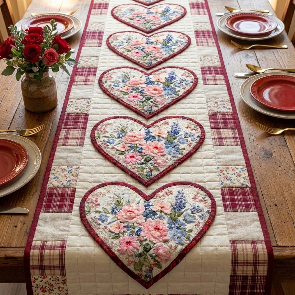 Love Bloom Quilted Table Runner Valentine's Day Dinner Decor Romantic Valentine Day Gifts
