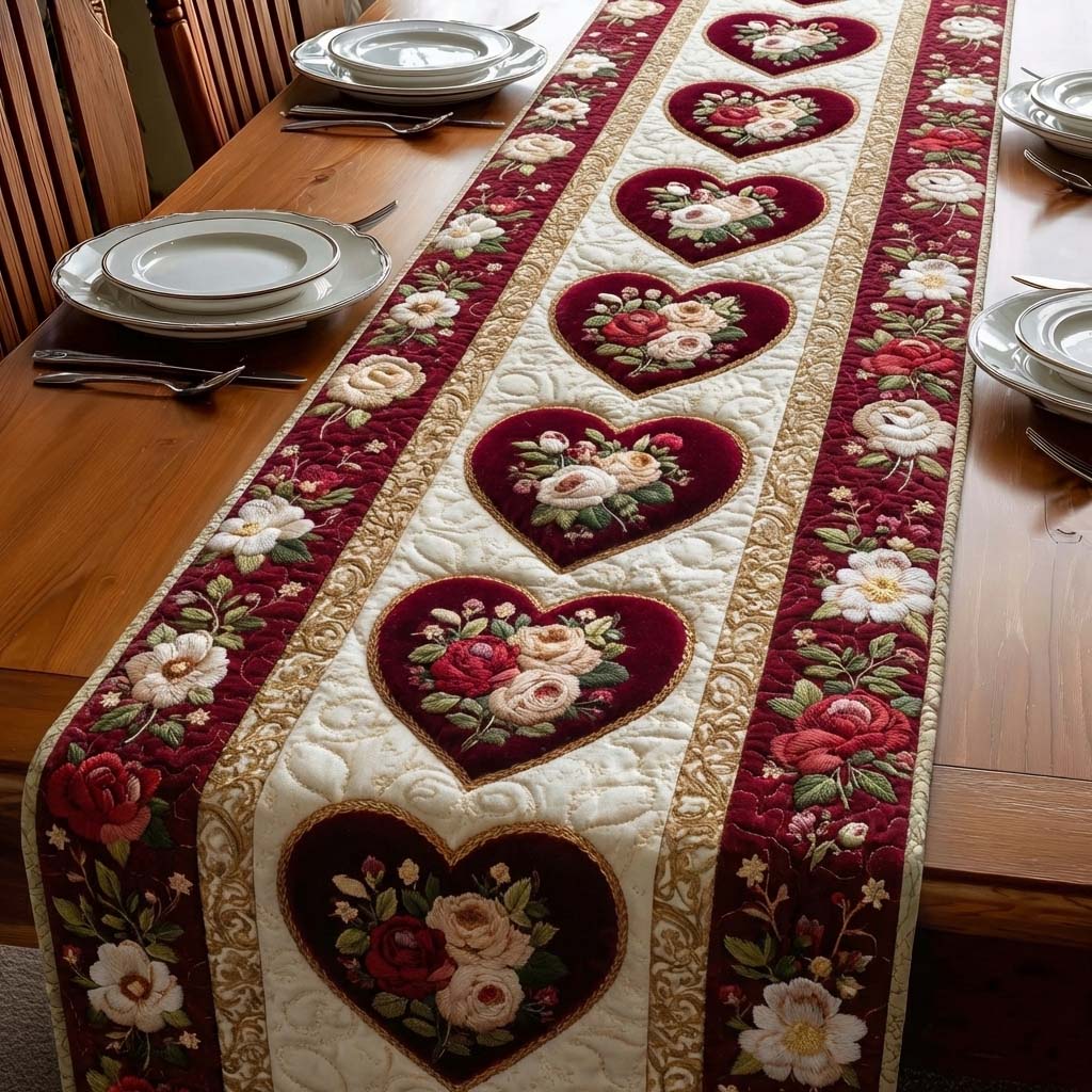 Love Bloom Quilted Table Runner Valentines Decor Table Valentine Day Gifts For Mom