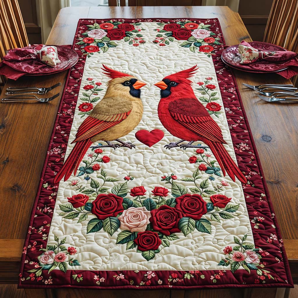 Love Cardinal Quilted Table Runner Table Runner With Hearts Red Cardinal Gift Items