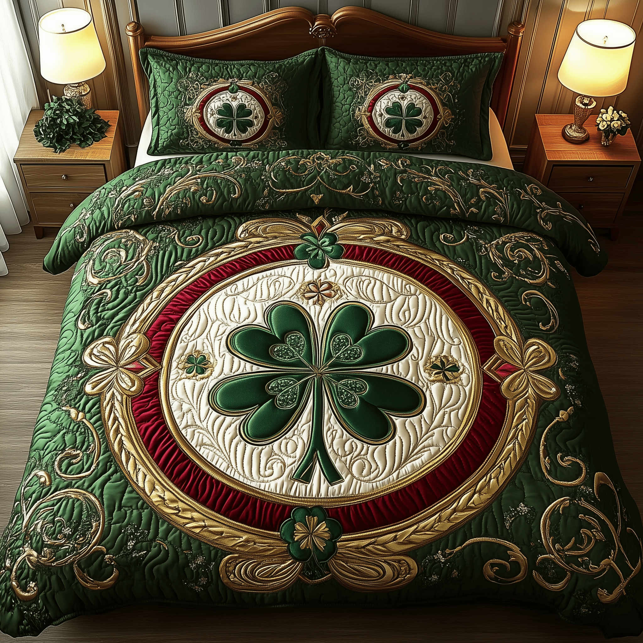 Lucky Irish Shamrock Quilted Bedding Set Bed Comforter Set Saint Patty's Day Gifts