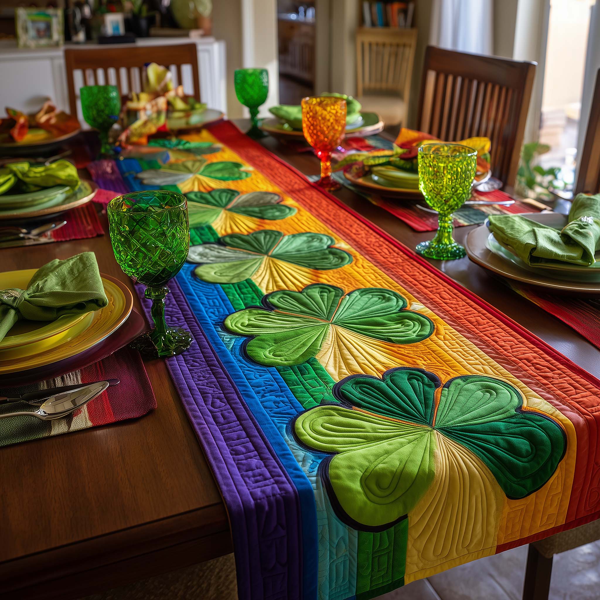 Lucky Shamrock Charm Quilted Table Runner Dining Decor St Patricks Day Presents