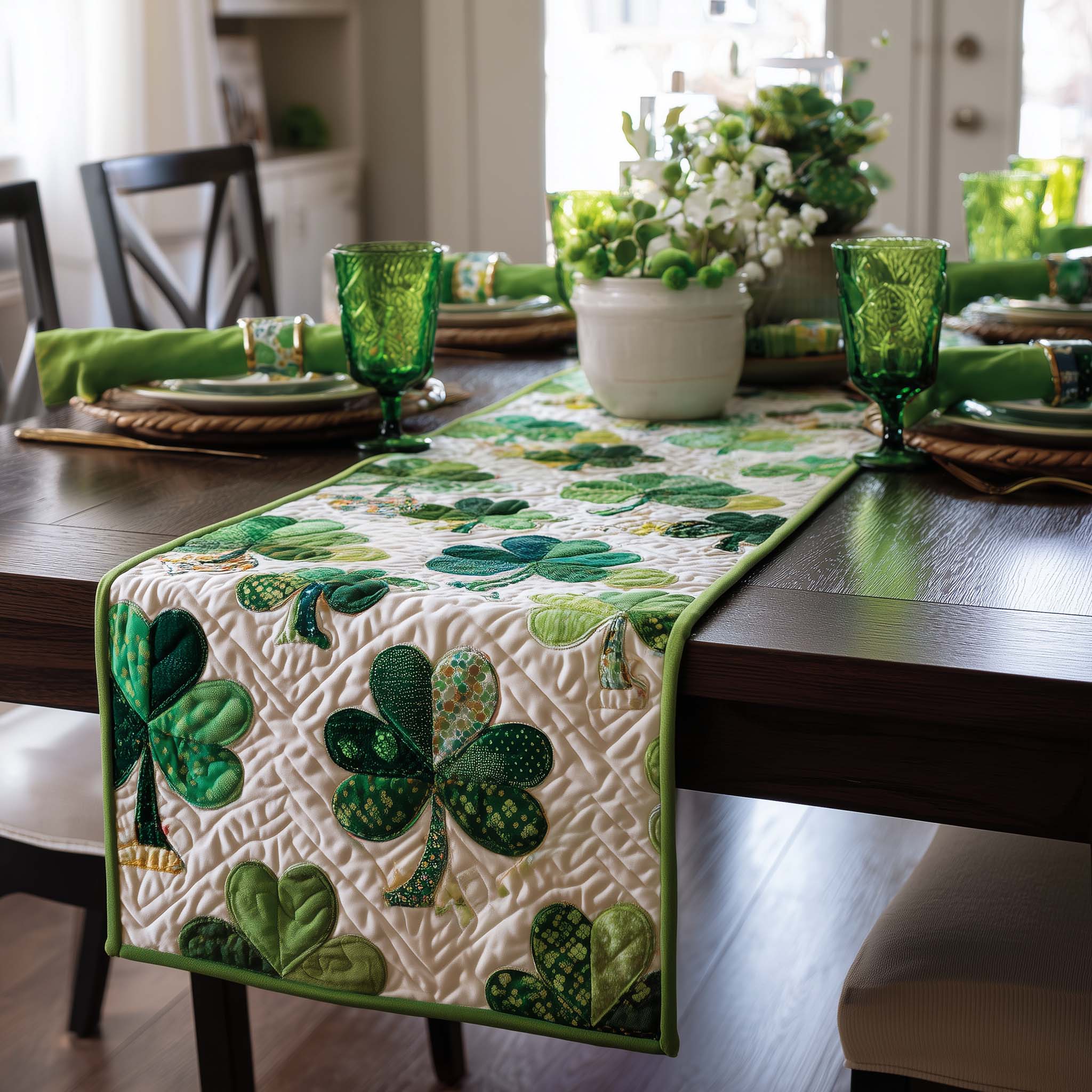 Lucky Shamrock Charm Quilted Table Runner Dining Room Table Decor Ideas Saint Patty's Day Gifts