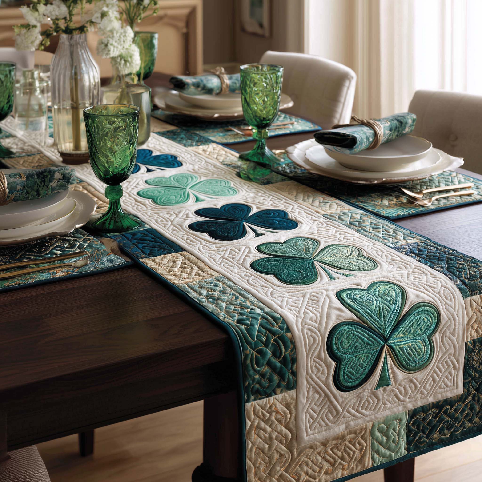 Lucky Shamrock Charm Quilted Table Runner Dinner Table Decor Ideas St Pattys Day Gifts