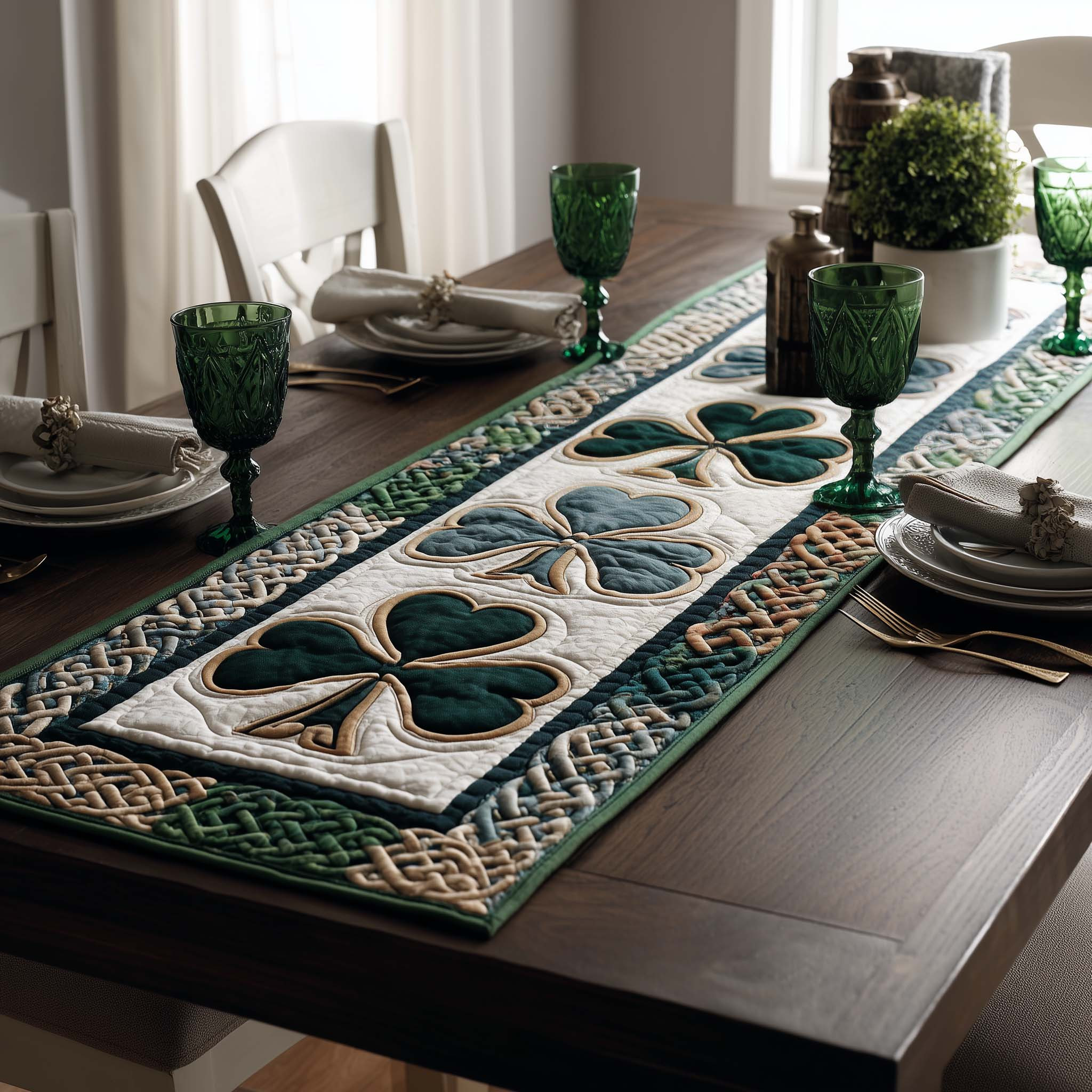 Lucky Shamrock Charm Quilted Table Runner Kitchen Decor St Pats Gifts
