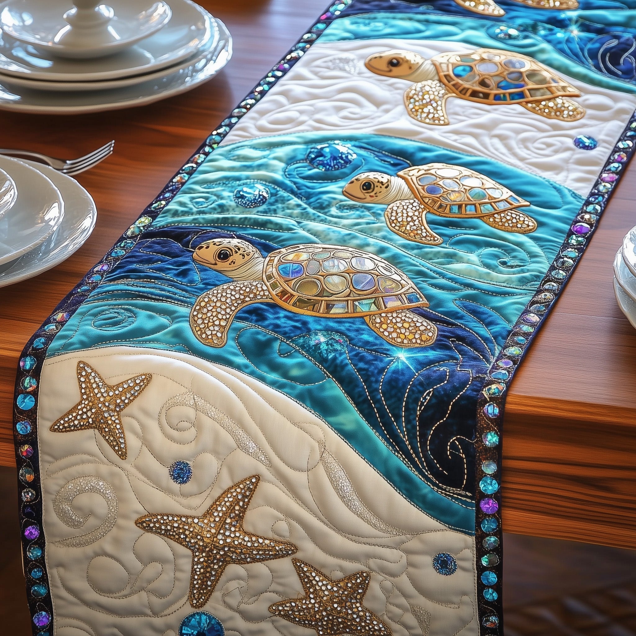 Magical Sea Turtle Quilted Table Runner Bohemian Style Table Runner Turtle Gifts For Mother's day