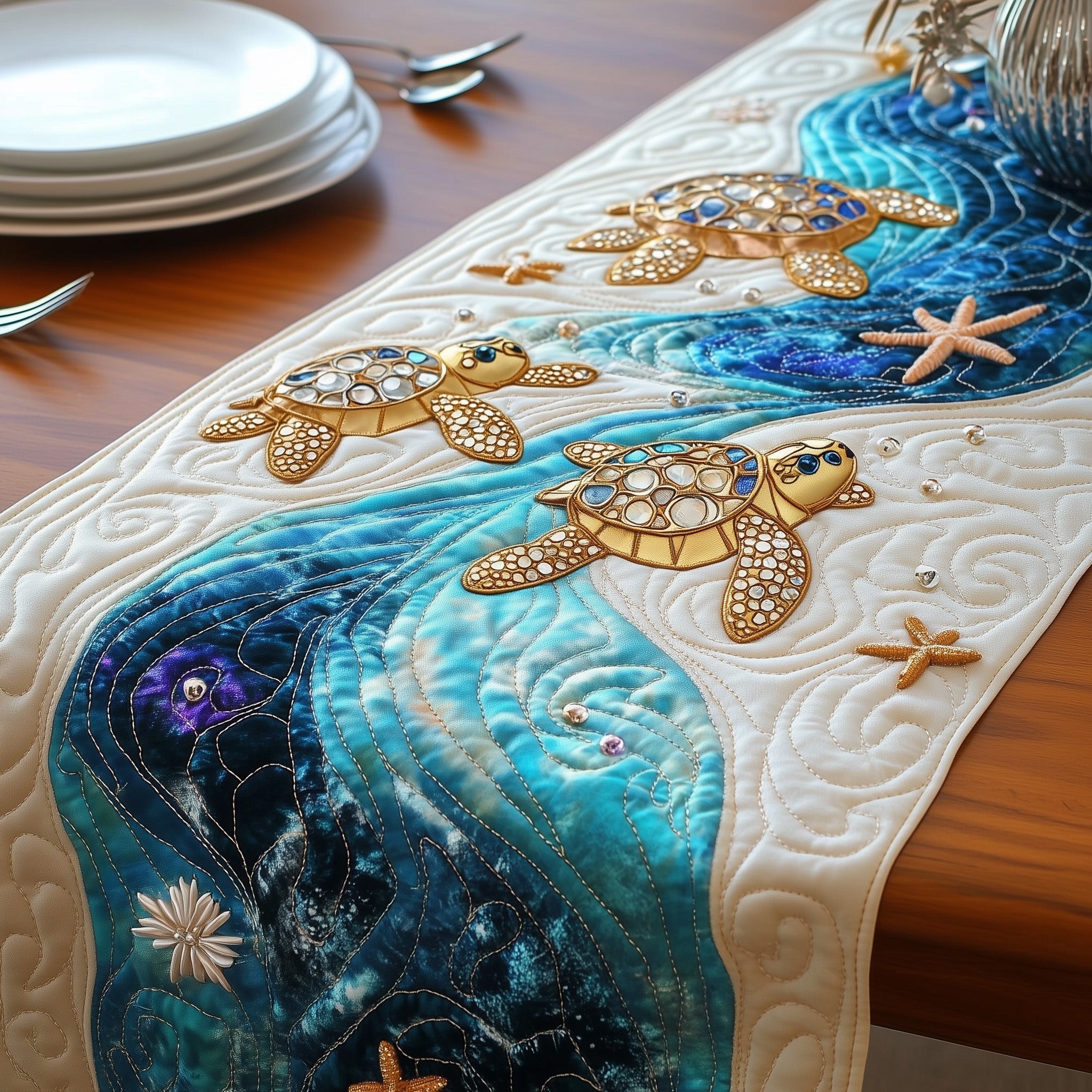 Magical Sea Turtle Quilted Table Runner Dining Room Table Decor Turtle Gifts For Husband