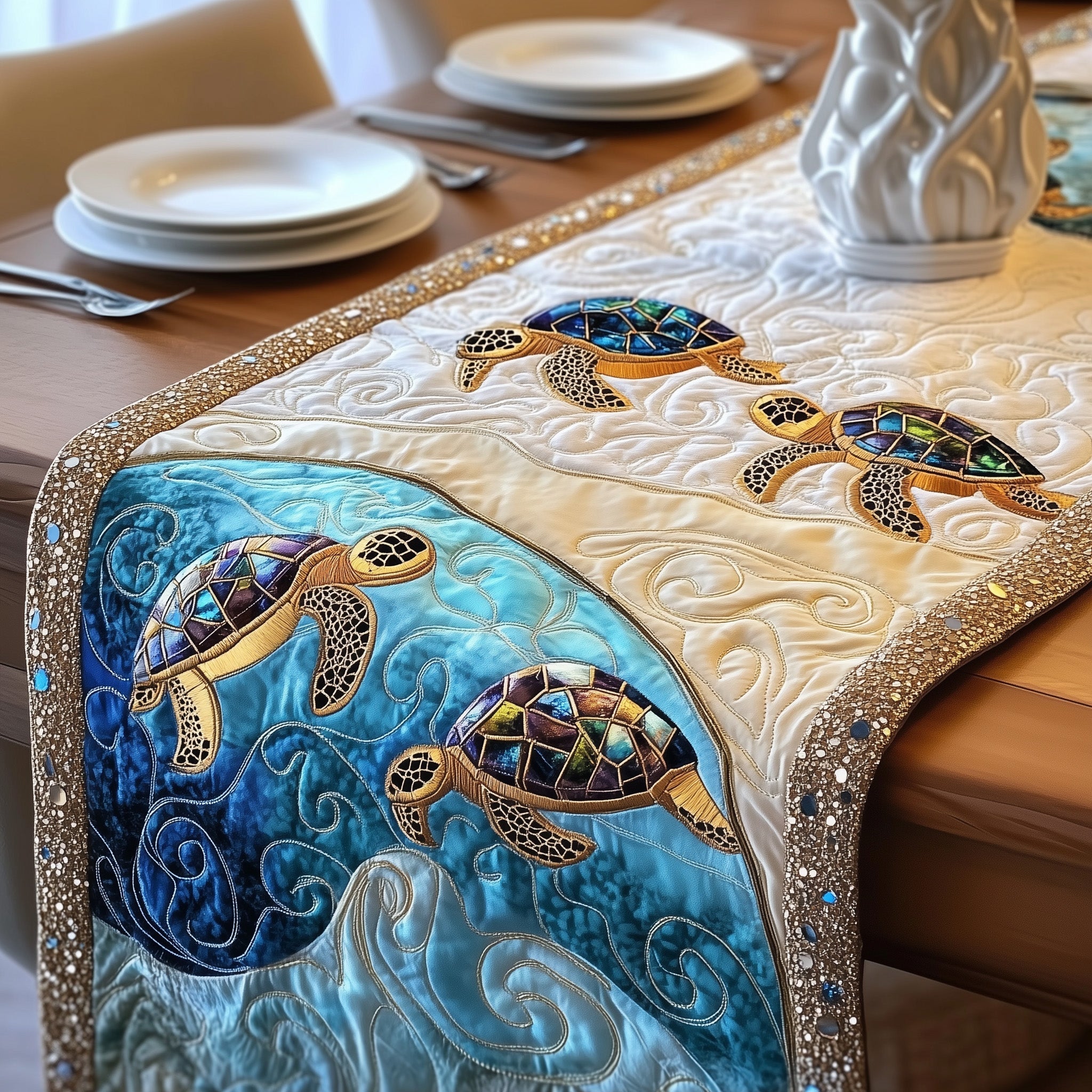 Magical Sea Turtle Quilted Table Runner Dining Table Decor Turtle Gifts For Grandparents