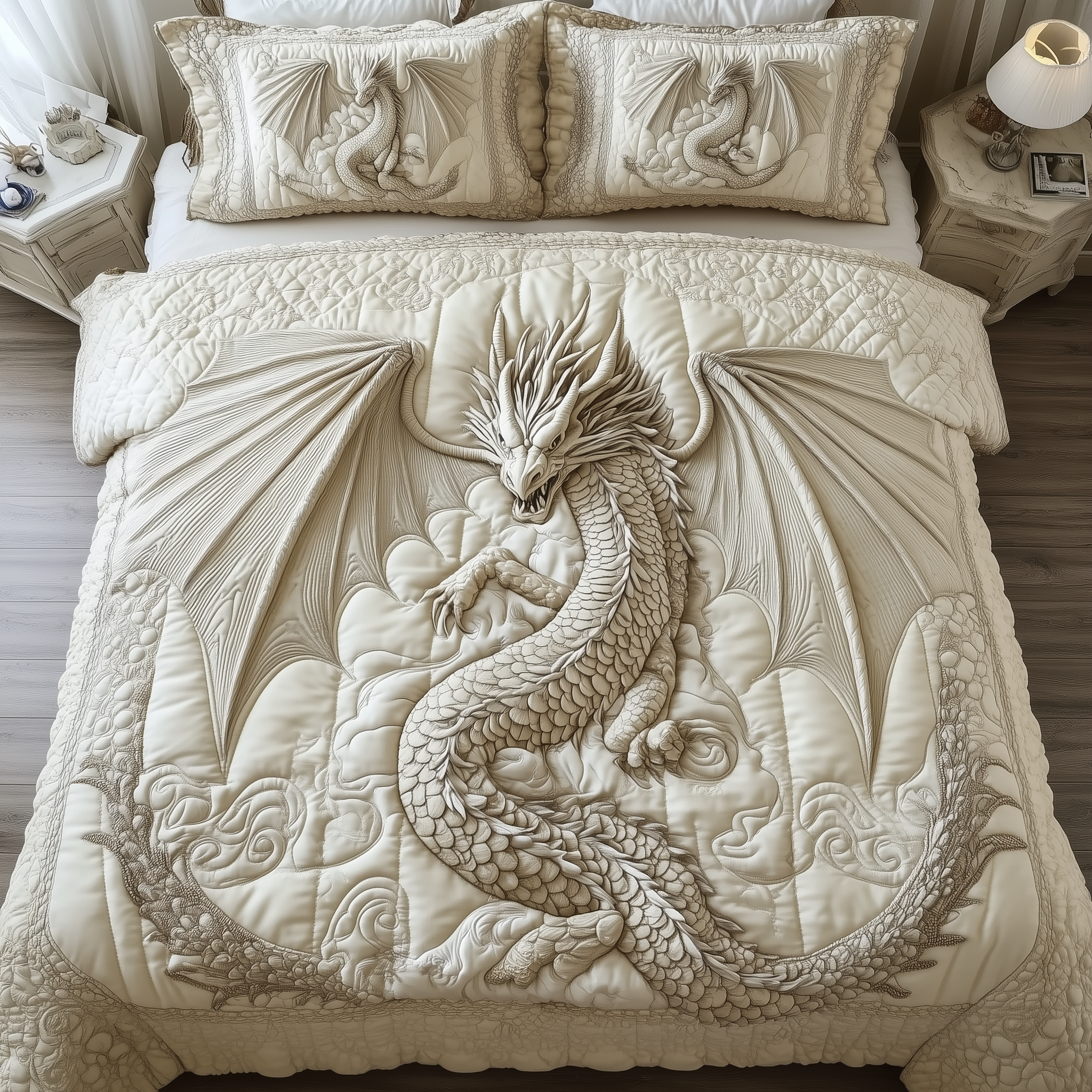 Magnificent White Dragon Quilted Bedding Set Bedspread Quilts Gifts For People Who Love Wolves