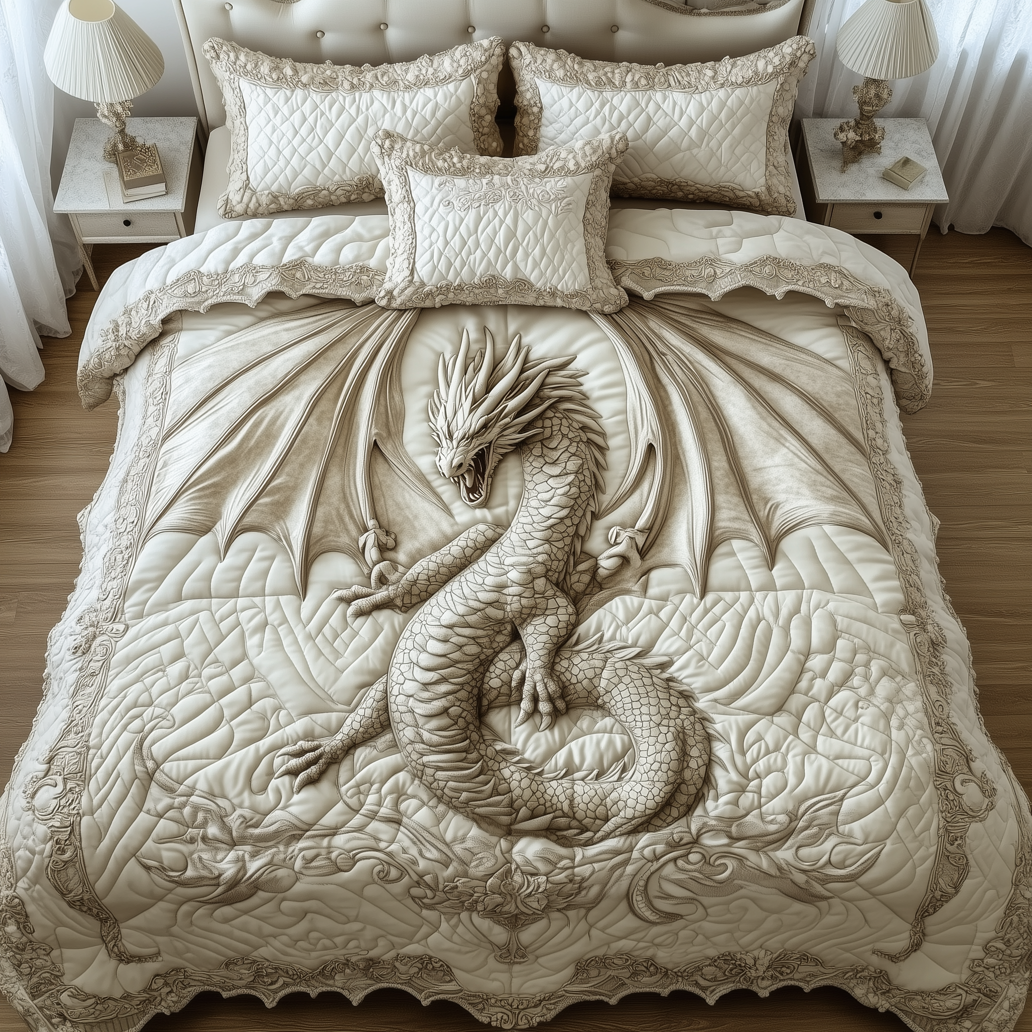 Magnificent White Dragon Quilted Bedding Set Comforter Sets Queen Gifts For People Who Like Wolves