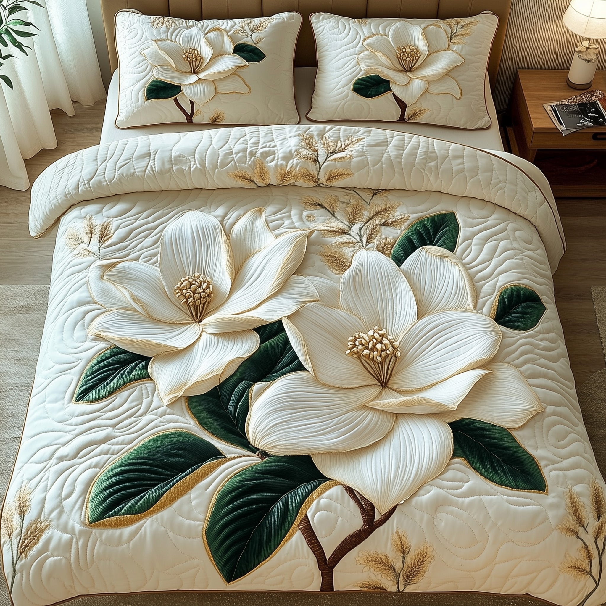 Magnolia Bloom Quilted Bedding Set Best King Size Sheets Mother's Day Gifts For Daughter In Law