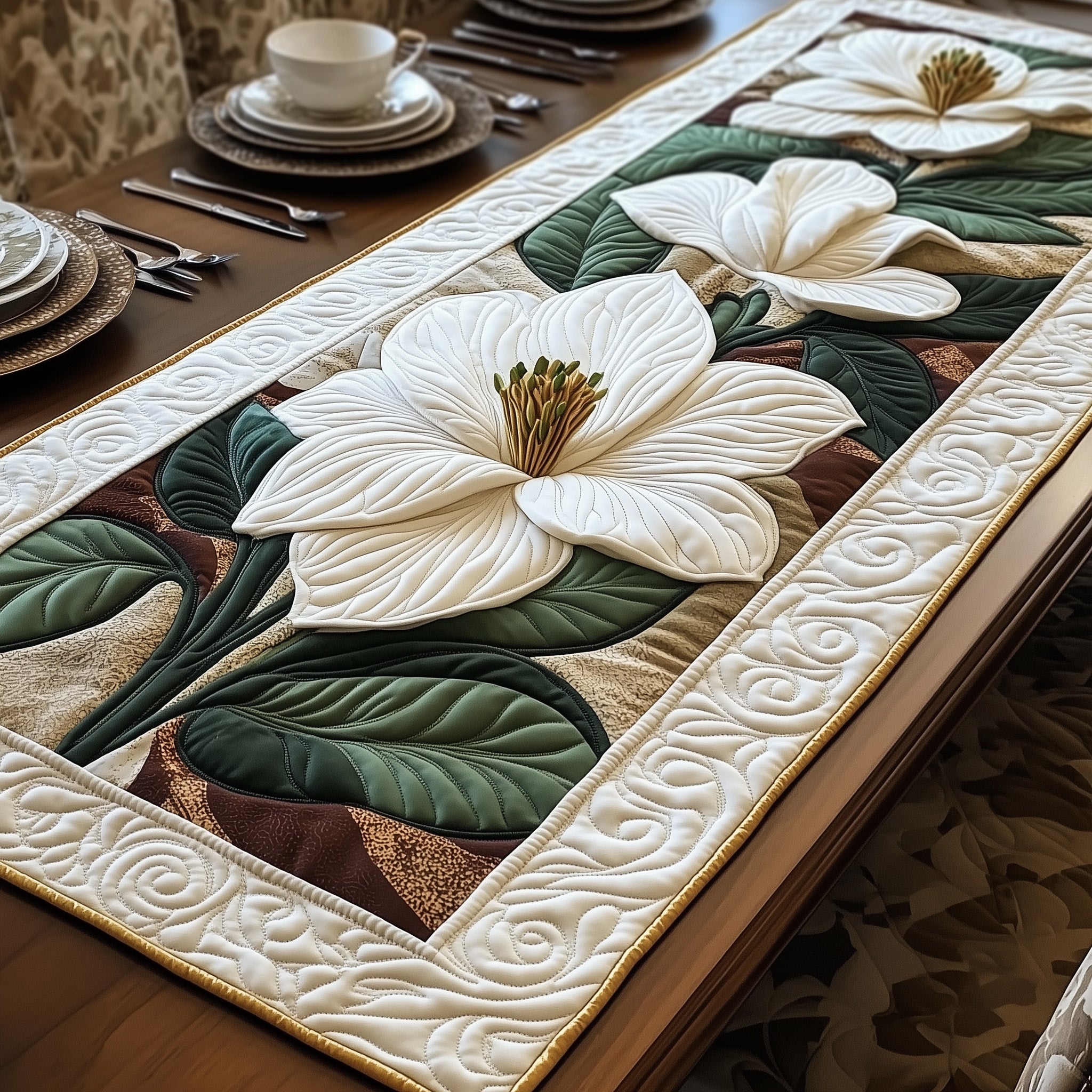 Magnolia Elegance Quilted Table Runner Dining Room Table Runners Mothers Day Gift Suggestions