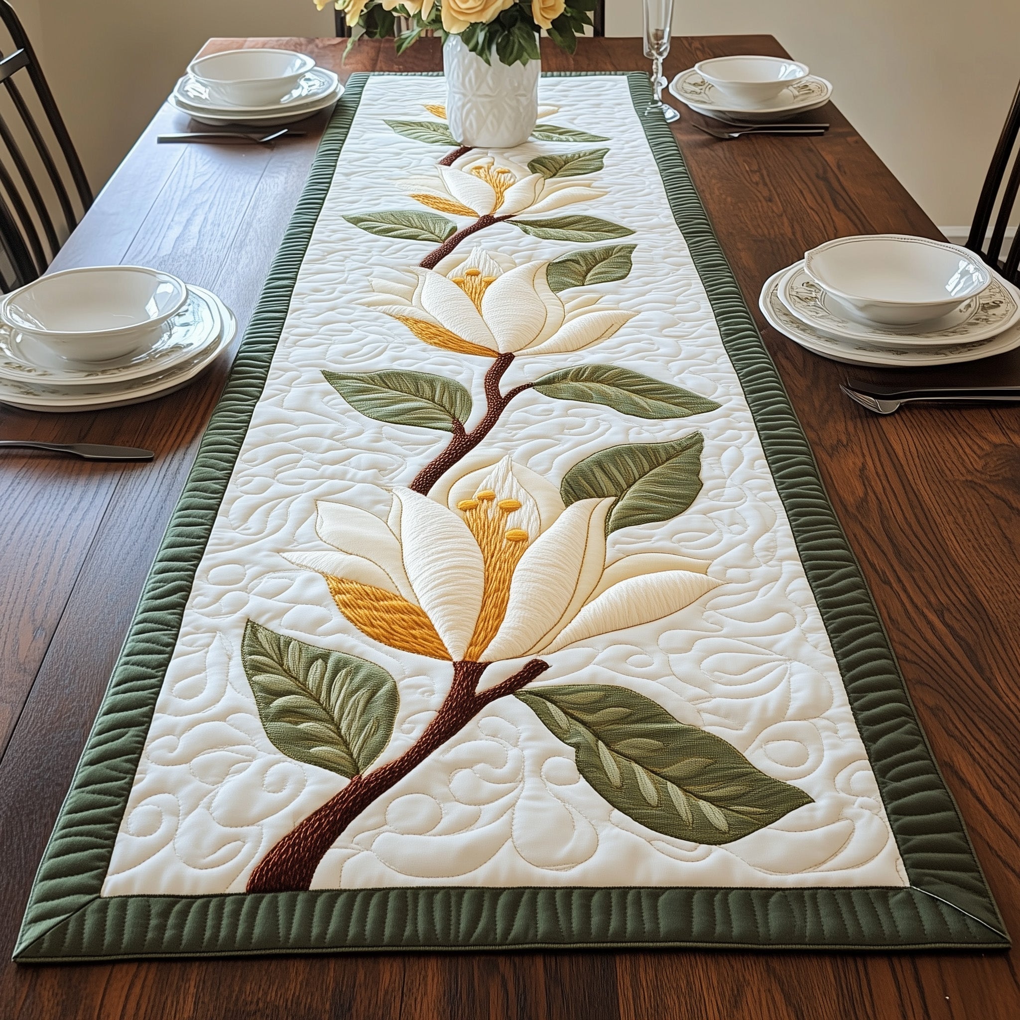 Magnolia Flower Quilted Table Runner Dining Room Table Runners Mothers Day Present Ideas