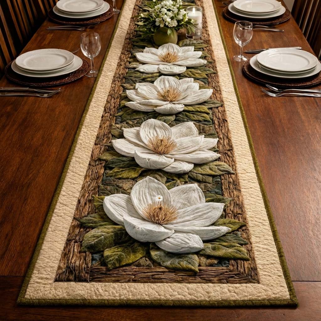 Magnolia Quilted Table Runner Boho Macrame Table Runner Mother's Day Gifts For Mom