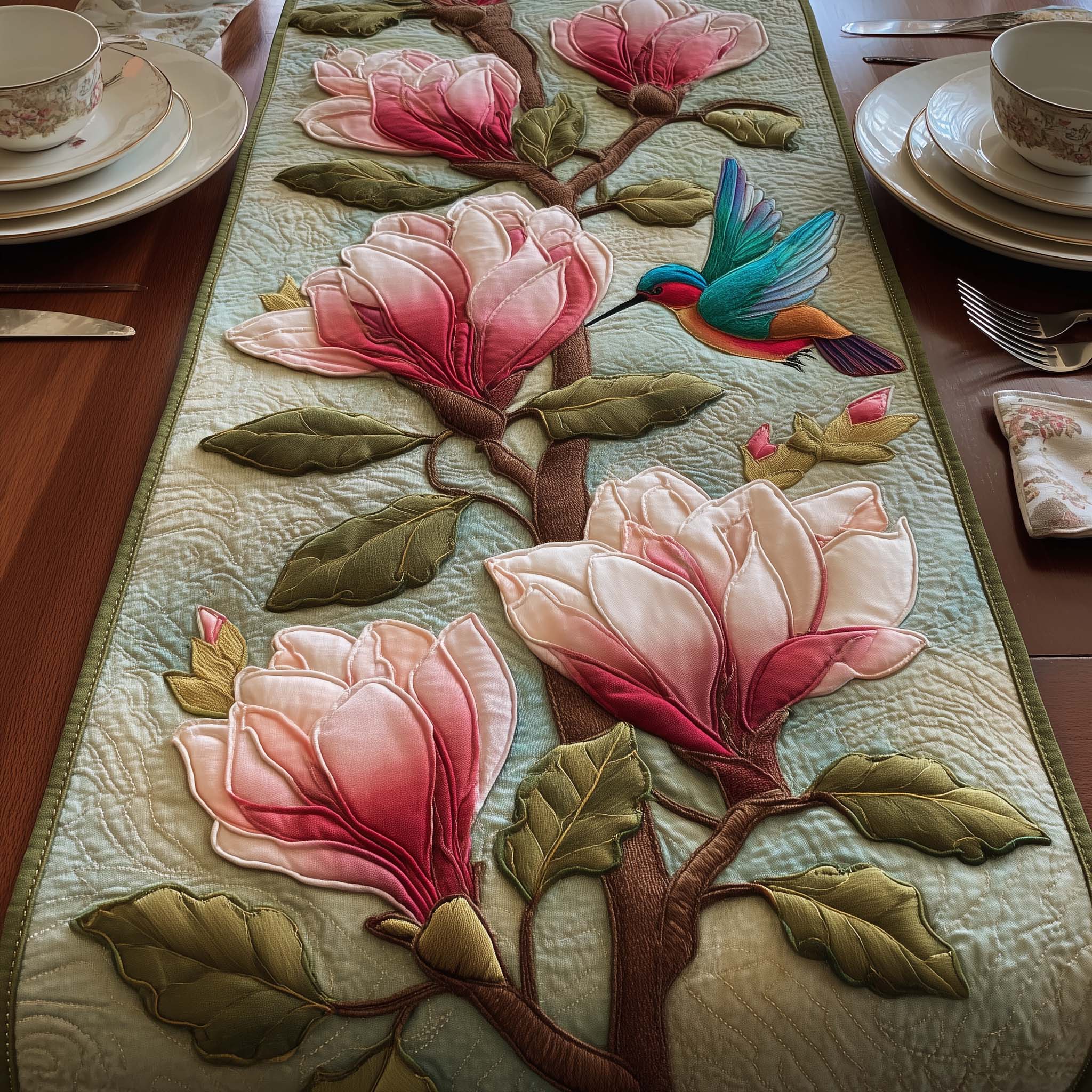 Magnolia Quilted Table Runner Dining Room Table Decor Gift For Mother On Mother's Day